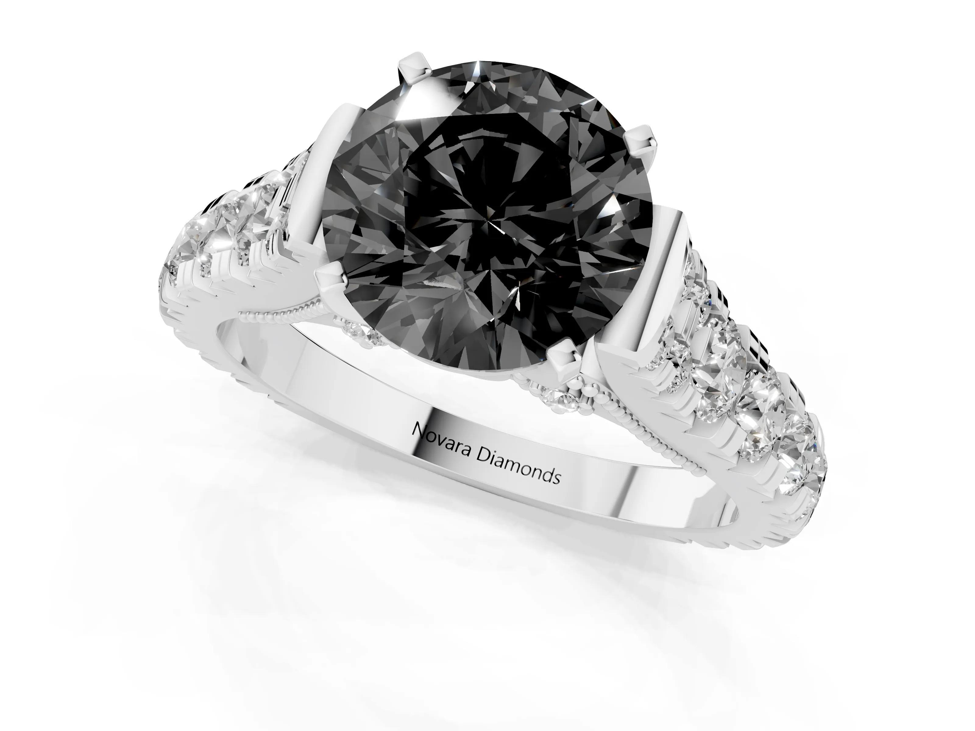 Fancy Black Round Cut Diamond Classic Solitaire Ring Set in Platinum with Pavé Band and Prong Setting
