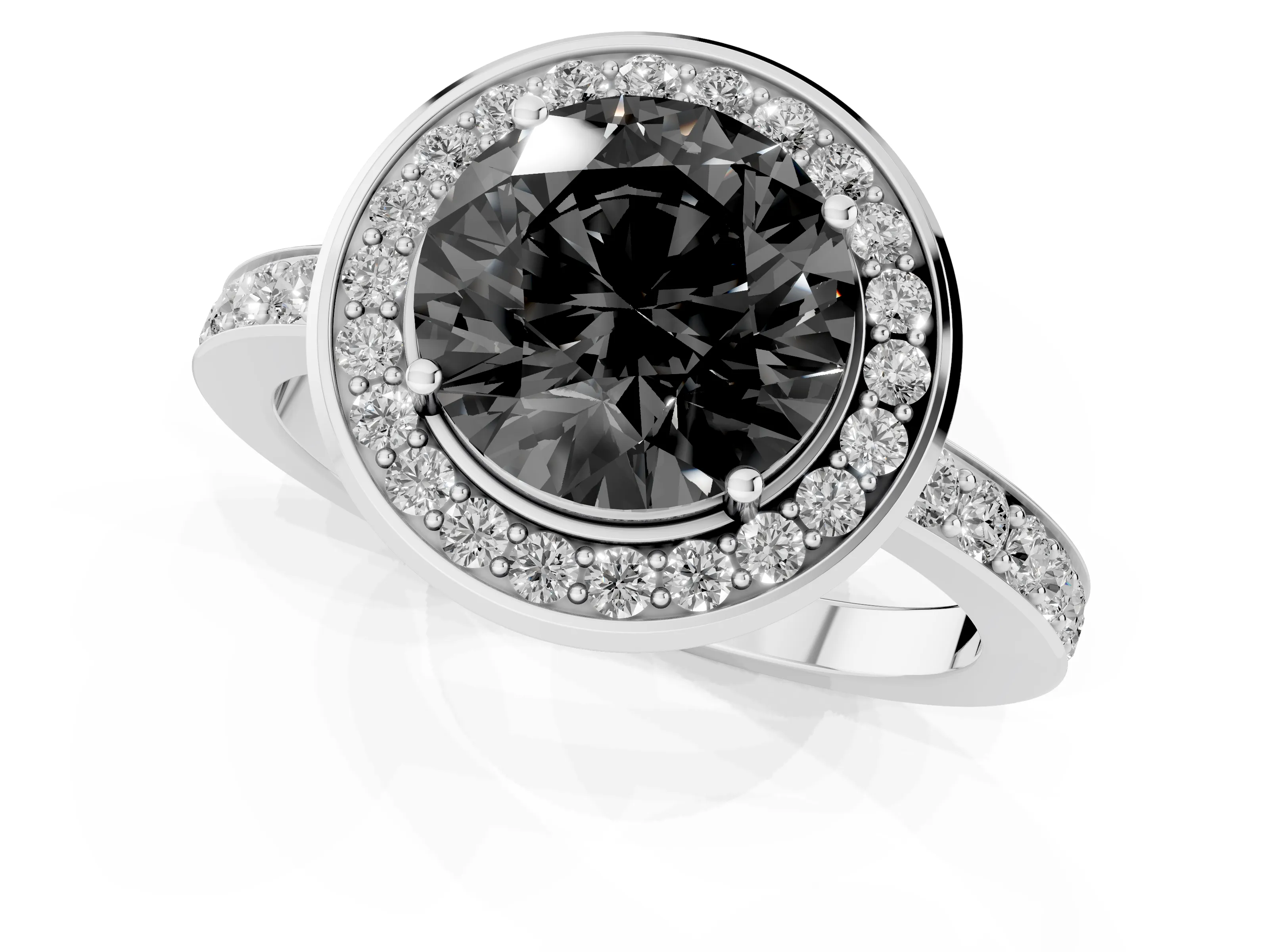 Fancy Black Round Cut Diamond Halo Ring Set in White gold with Bezel Frame and Pavé Band