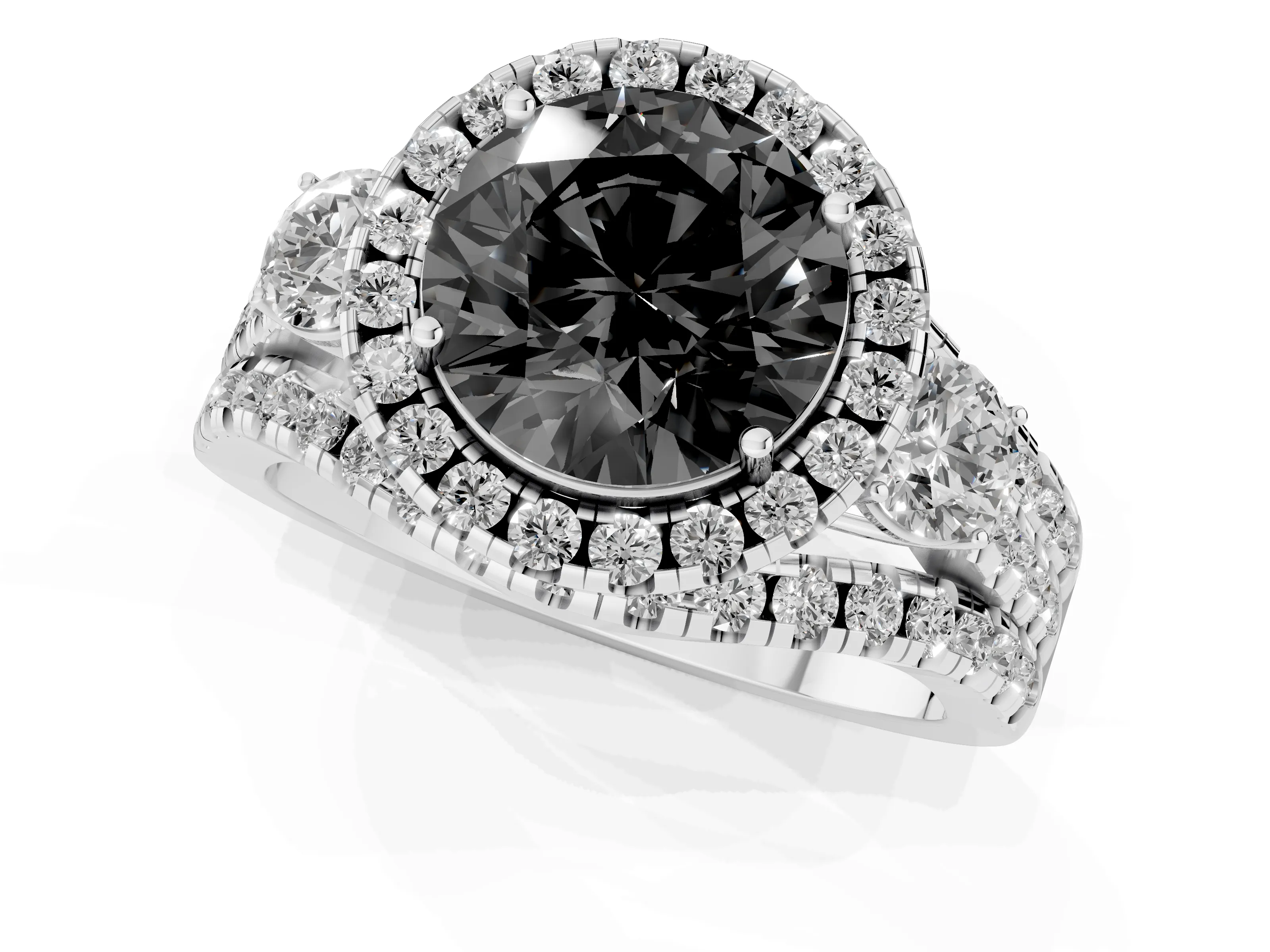 Fancy Black Round Cut Diamond Halo Split Shank Ring Set in Silver with Round Accent Stones and Prong Setting