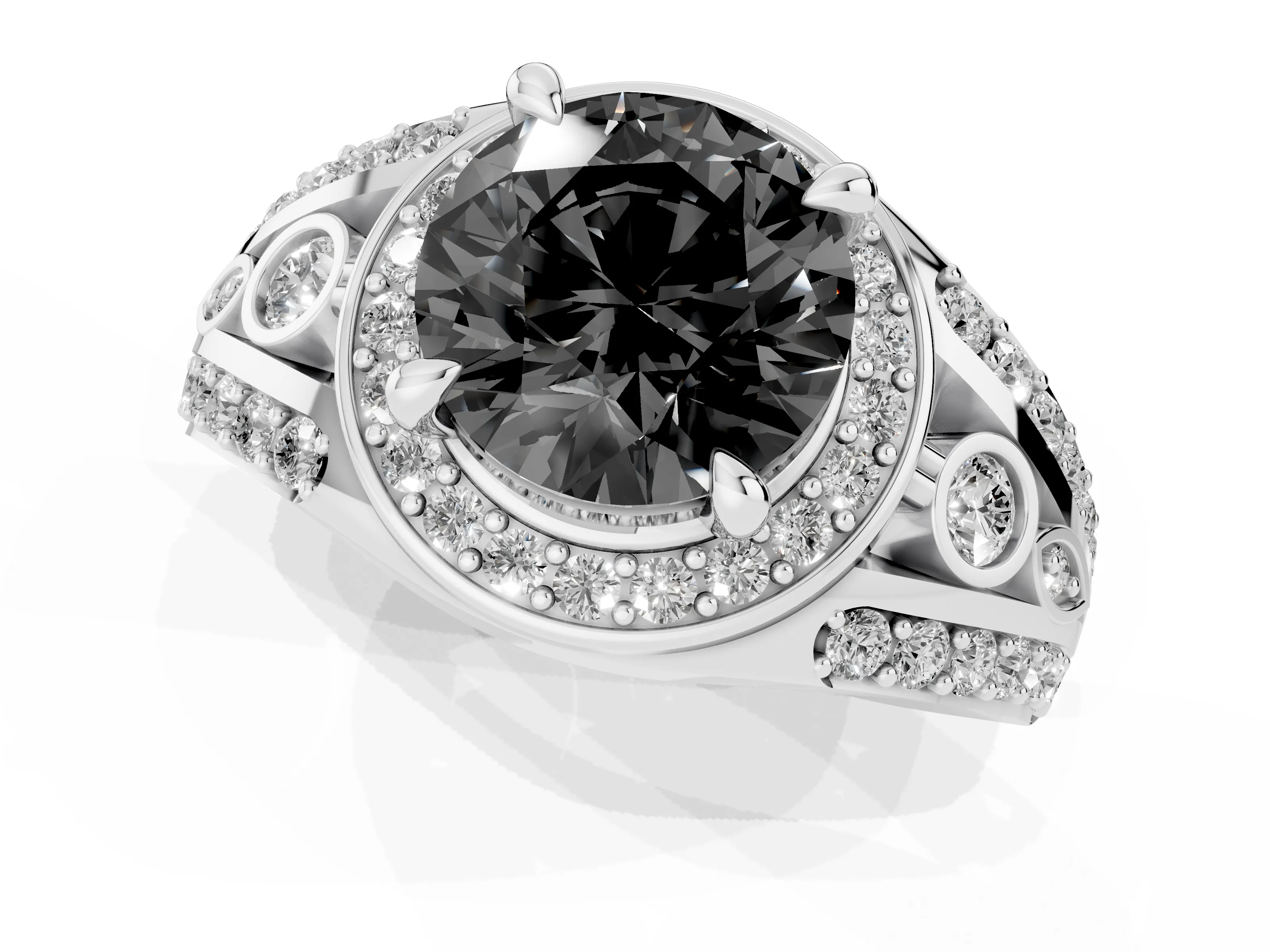Fancy Black Round Cut Diamond Halo Ring Set in Silver with Pavé Split Shank and Bezel Accents