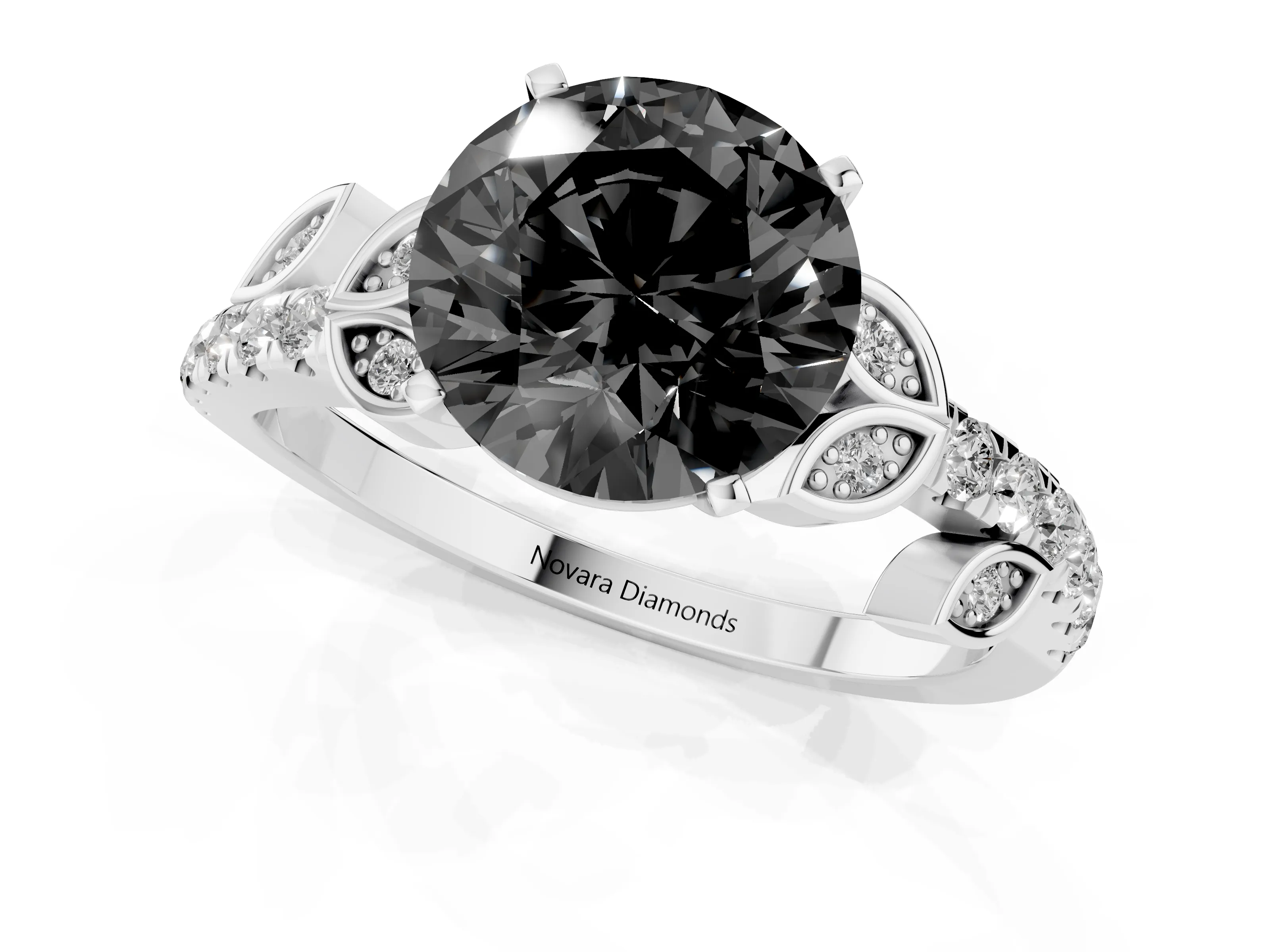Fancy Black Round Cut Diamond Solitaire Leaf-Inspired Ring Set in White gold with Pavé Band and Prong Setting