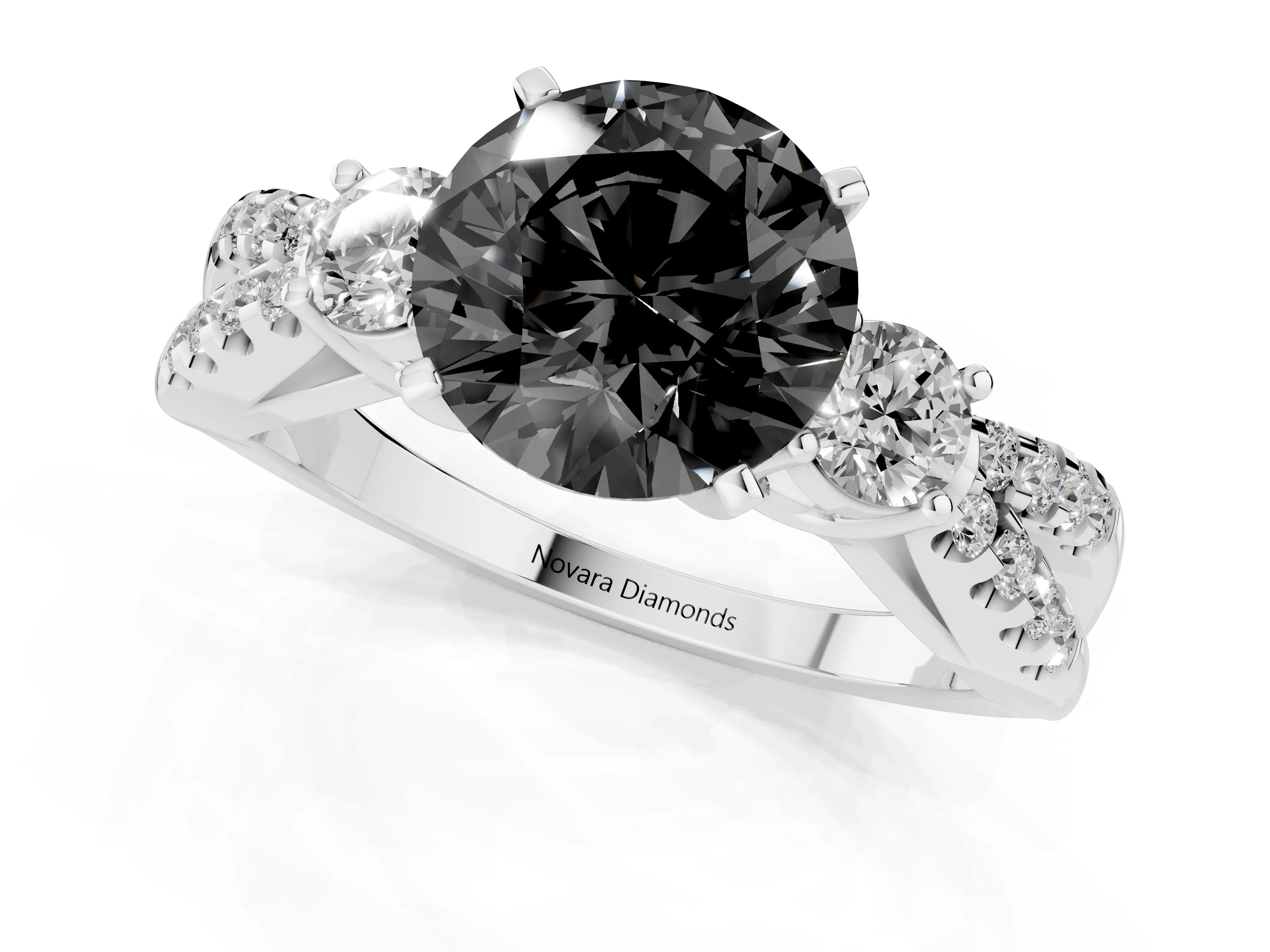 Fancy Black Round Cut Diamond Three-Stone Ring Set in Silver with Pavé Split Shank and Prong Setting