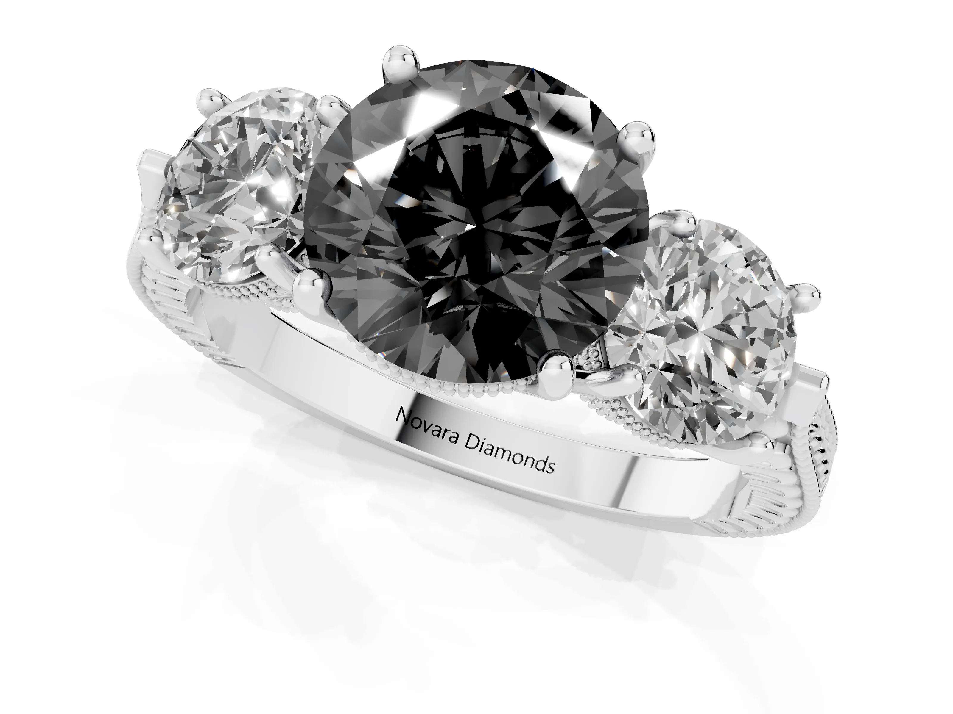 Fancy Black Round Cut Diamond Three-Stone Ring Set in Silver with Milgrain Band