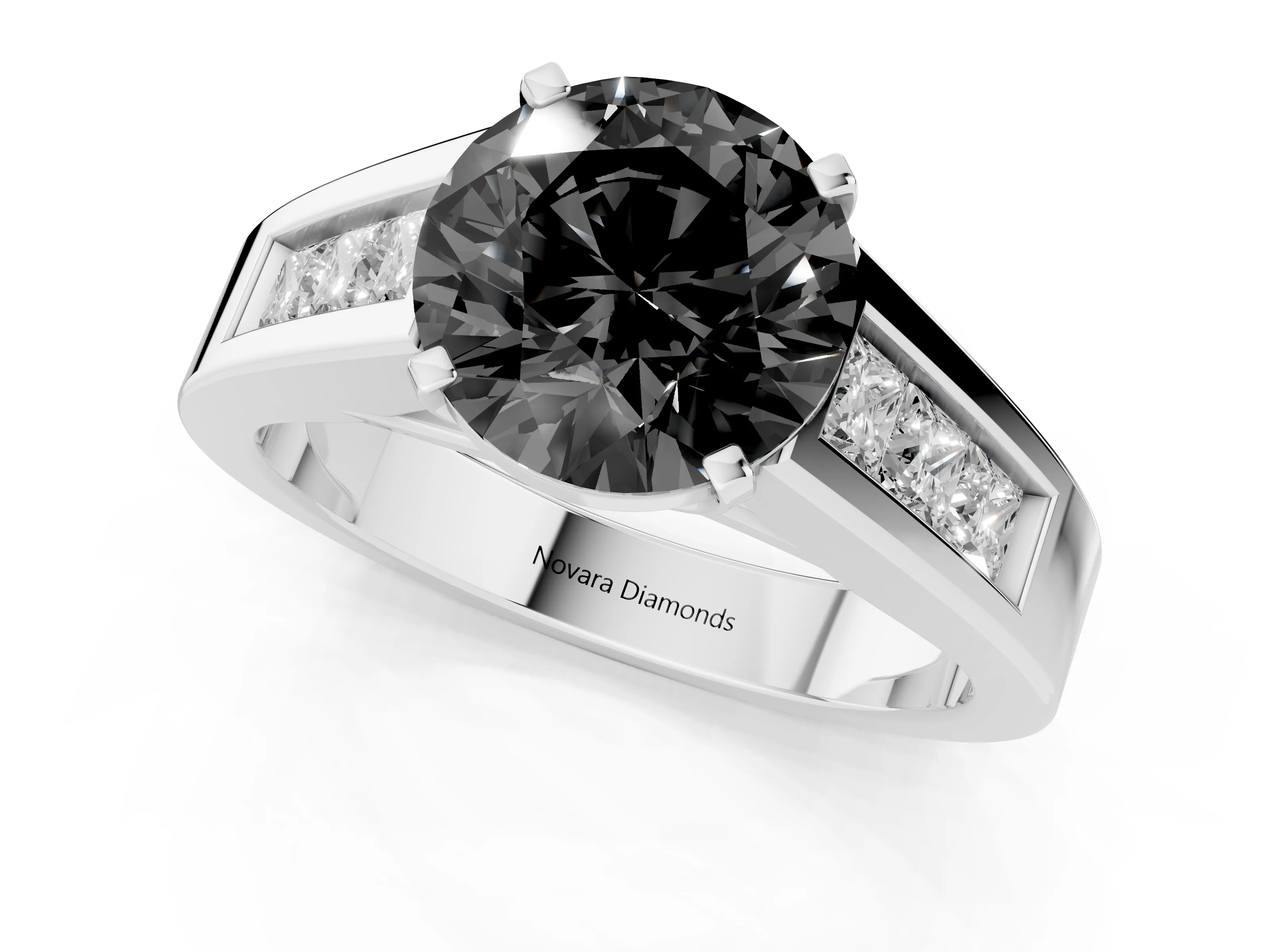 Fancy Black Round Cut Diamond Solitaire Ring Set in Silver with Channel-Set Accent Stones and Prong Setting