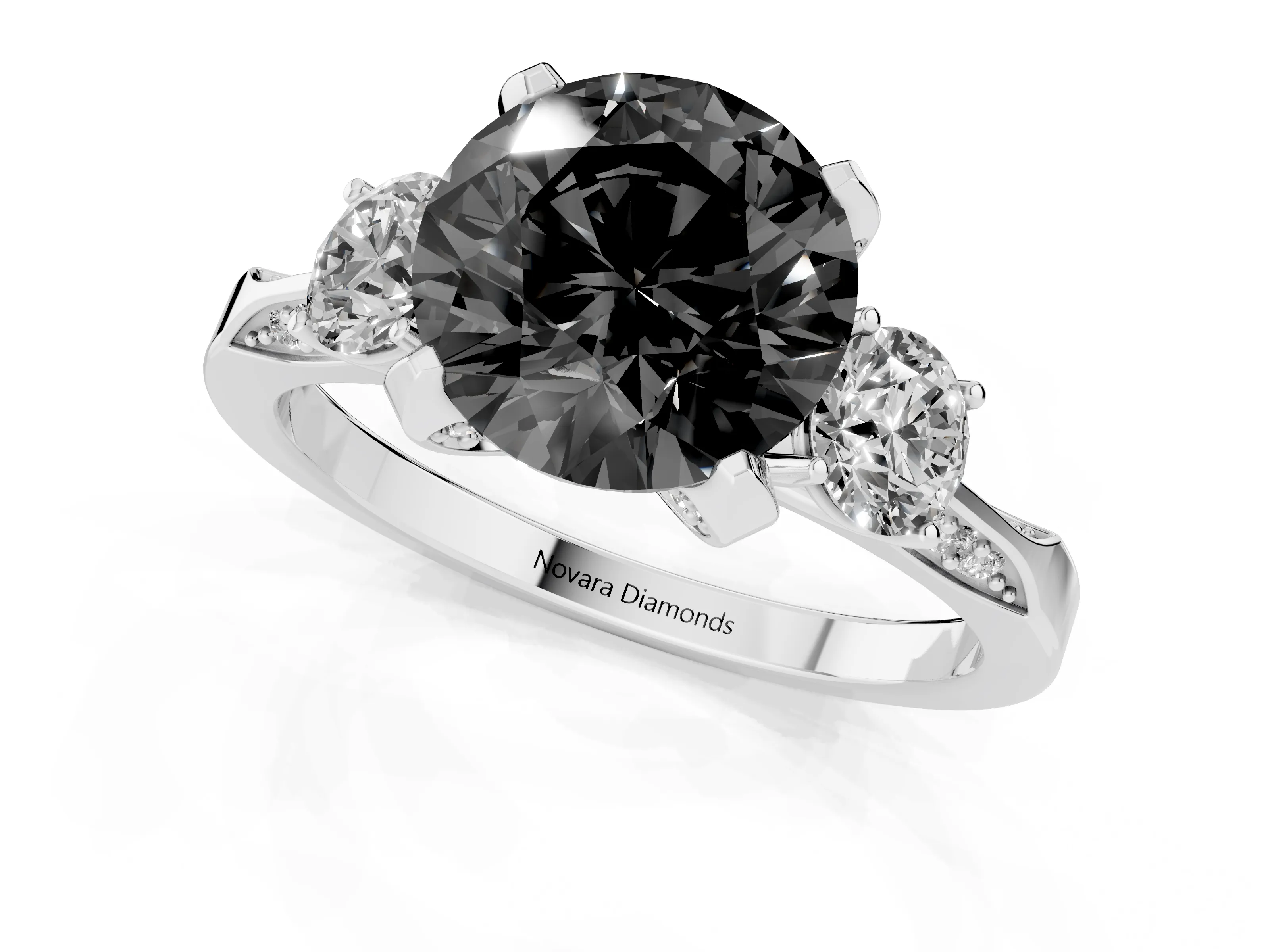 Fancy Black Round Cut Diamond Three-Stone Ring Set in White gold with Pavé Band and Smaller Side Stones – second view