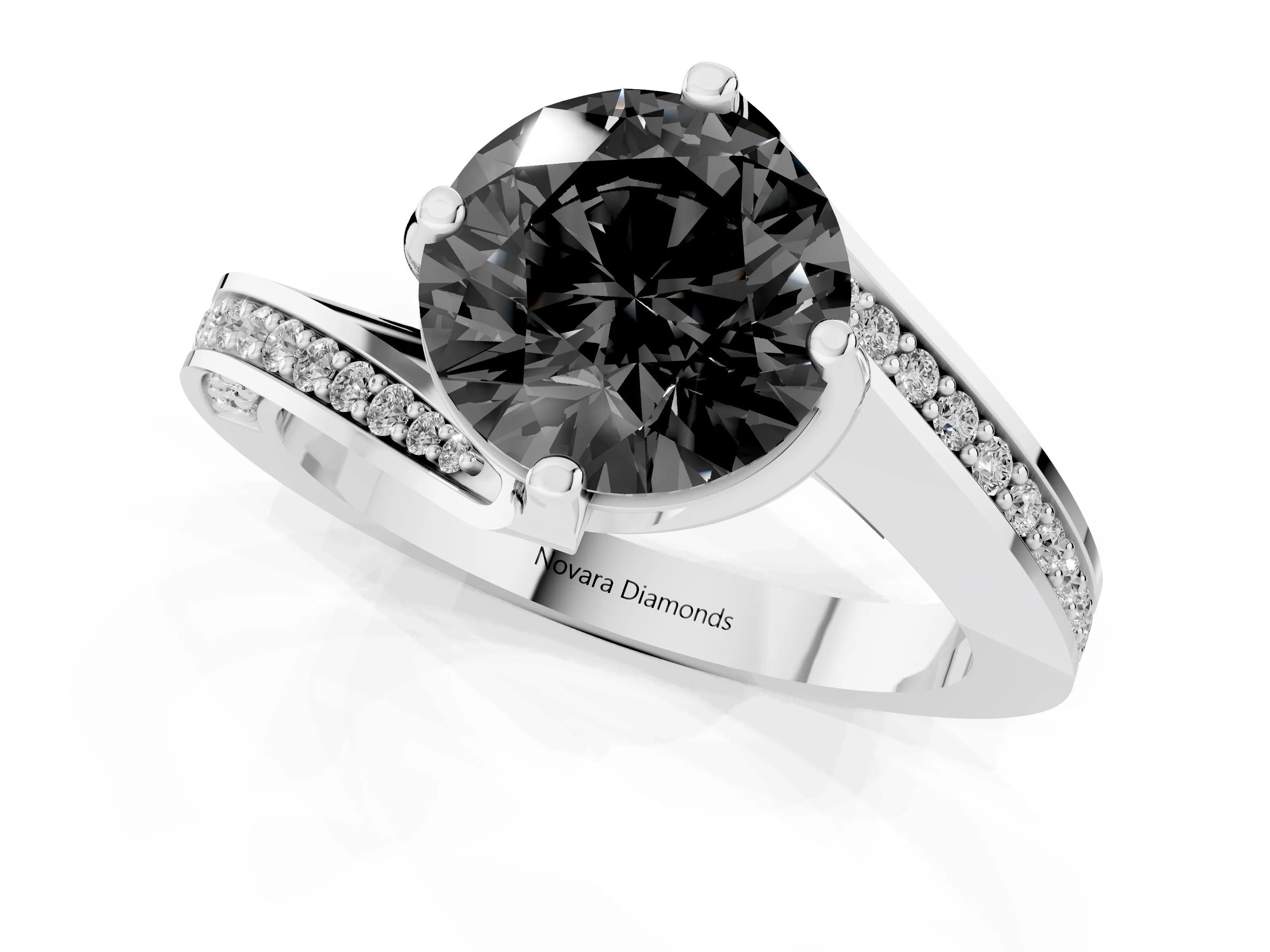 Fancy Black Round Cut Diamond Solitaire Ring Set in White gold with Intertwined Pavé Twist Band