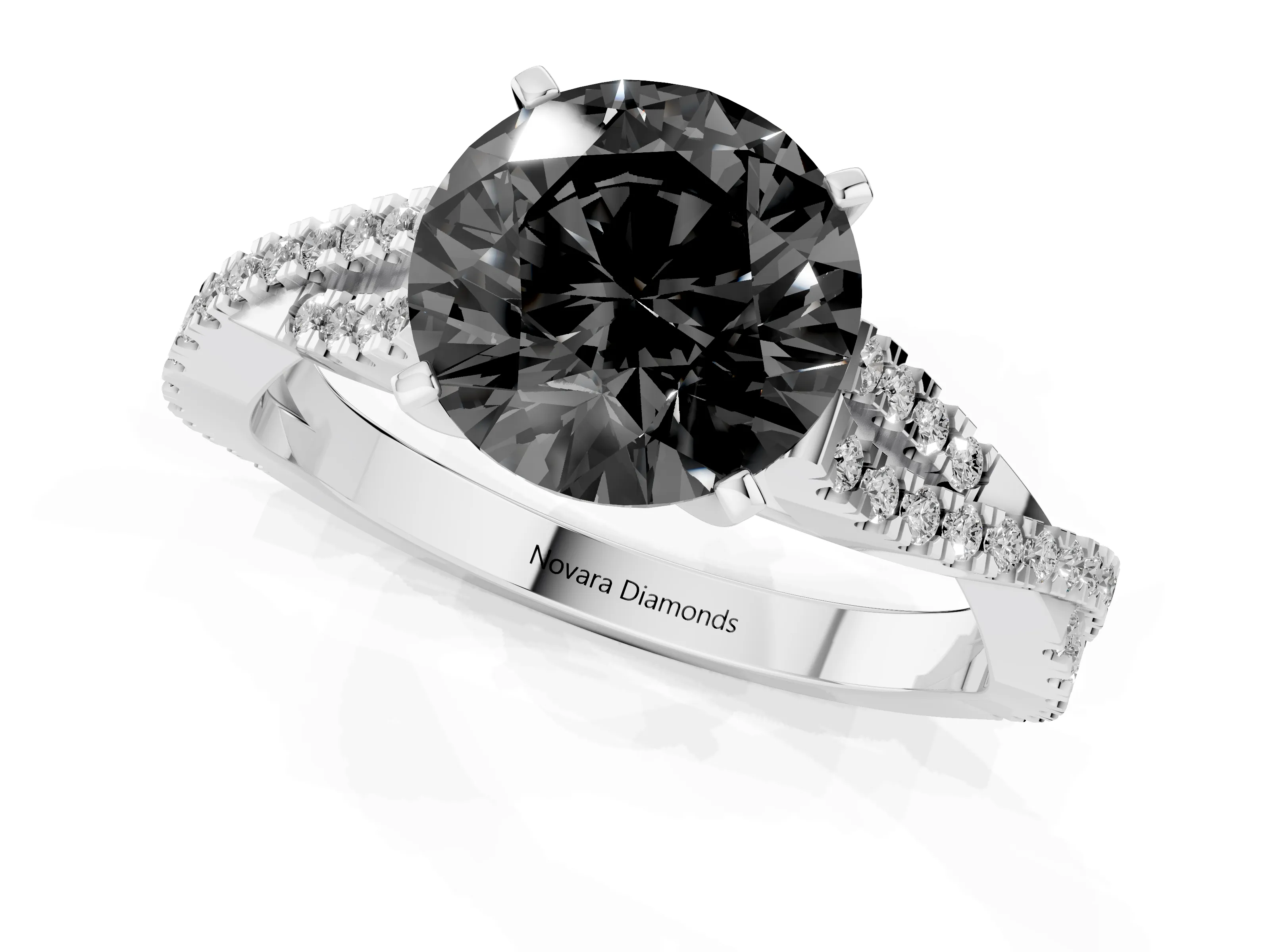 Fancy Black Round Cut Diamond Solitaire Engagement Ring Set in White gold with Twisted Pavé Band and Prong Setting