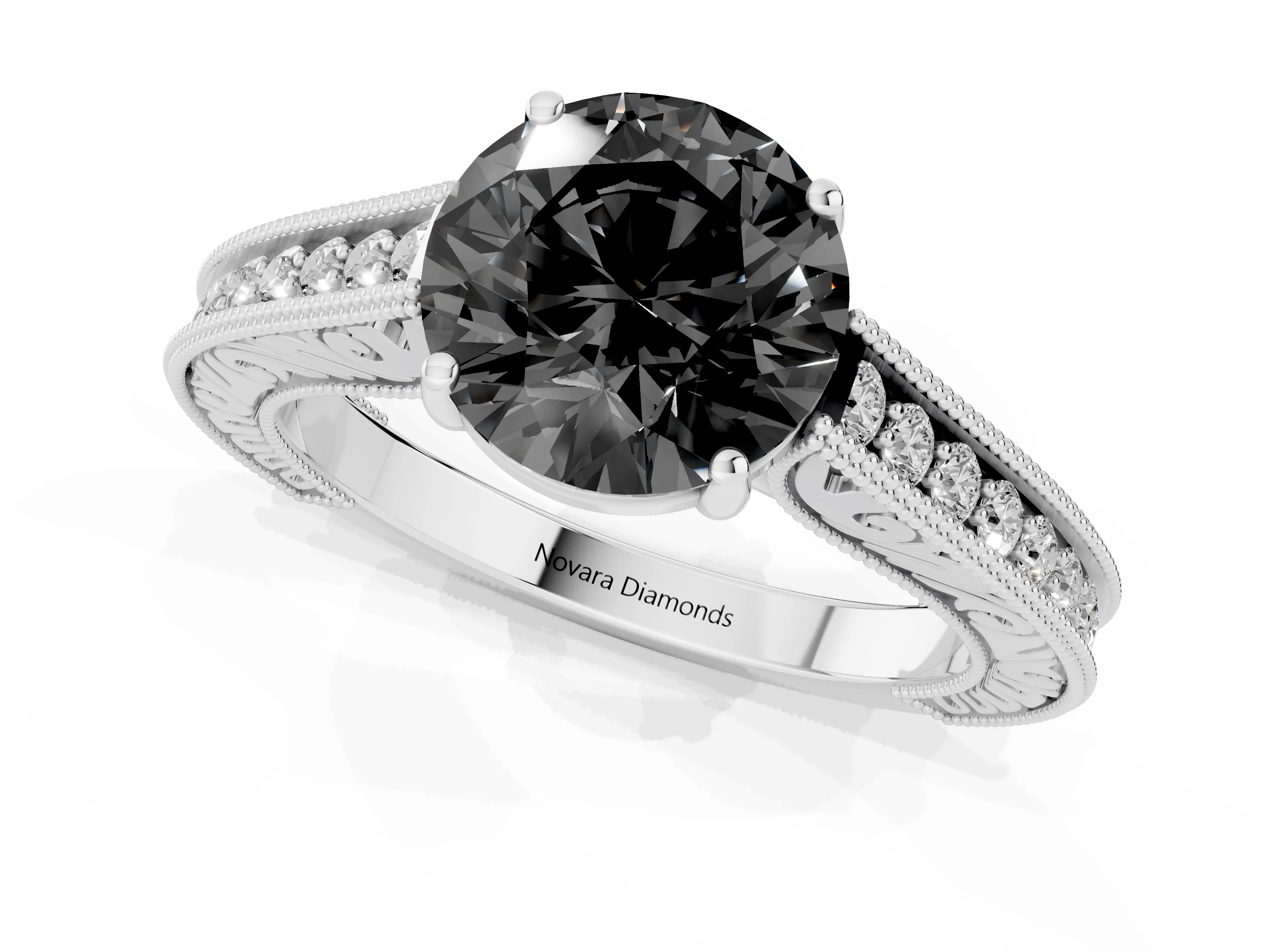 Fancy Black Round Cut Diamond Milgrain Pavé Band Solitaire Ring Set in Platinum with Prong Setting