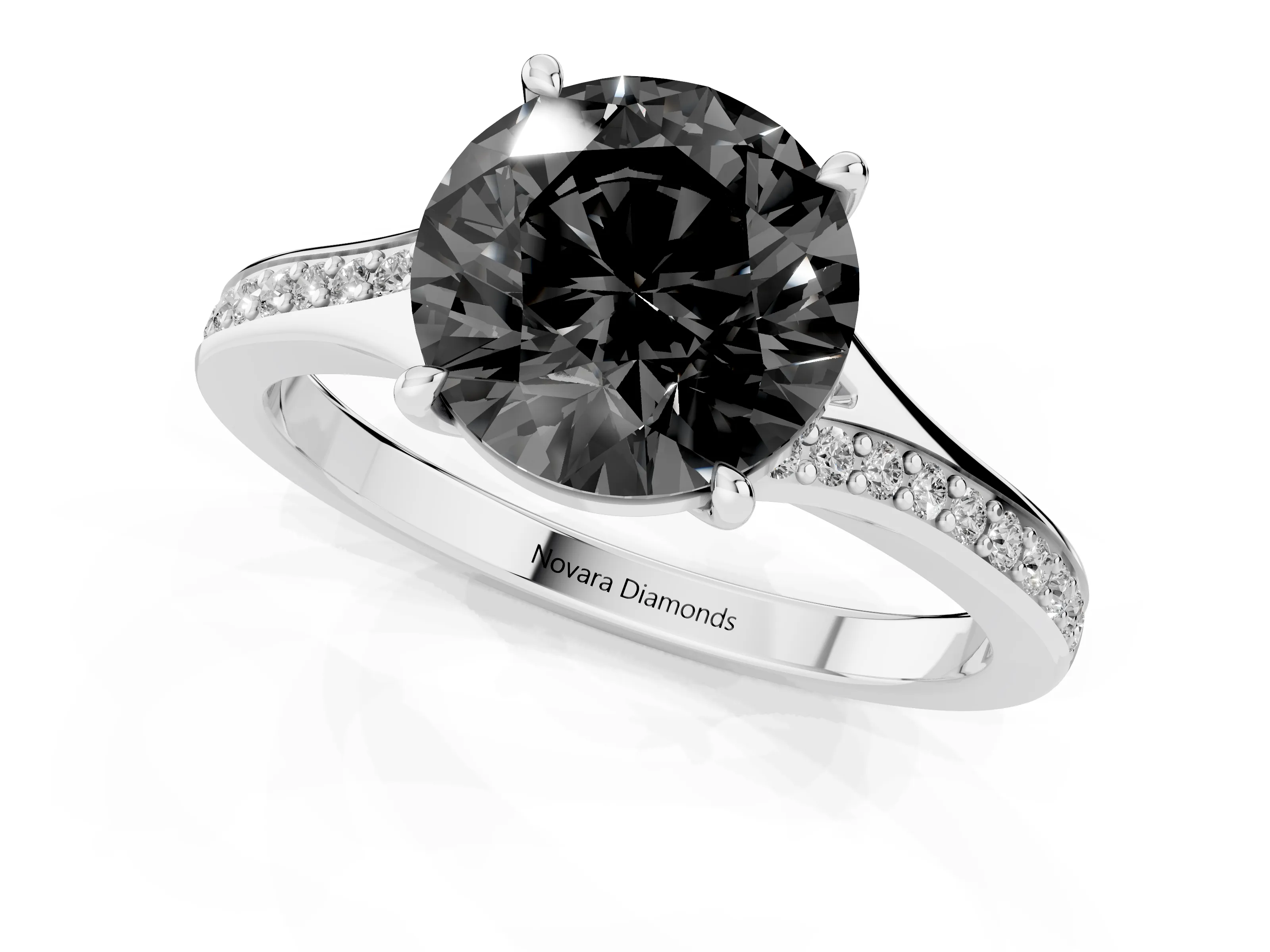 Fancy Black Round Cut Diamond Solitaire Ring Set in Platinum with Pavé Accent Band and Classic Prong Setting