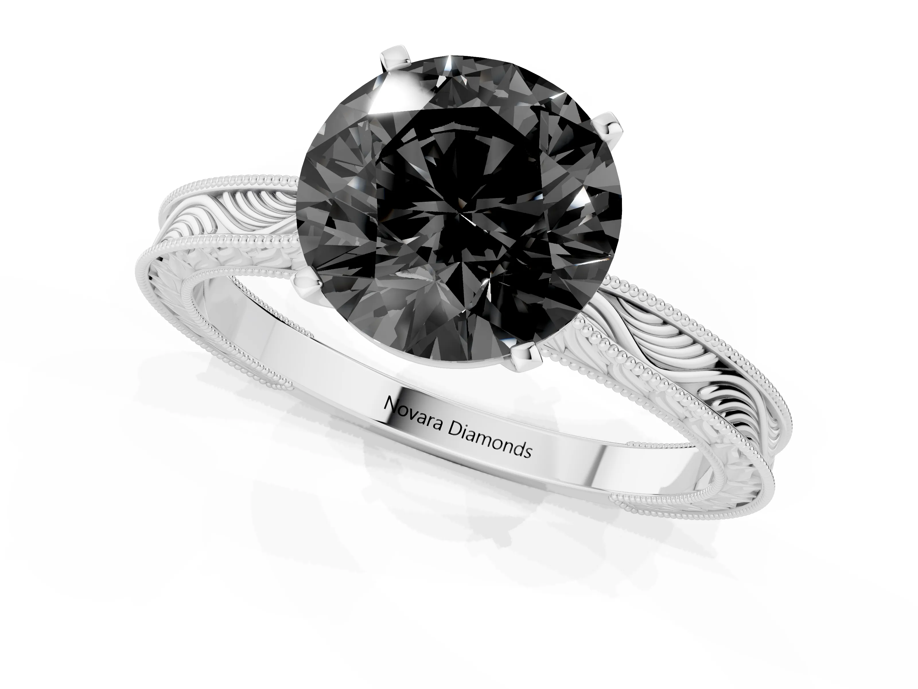 Fancy Black Round Cut Diamond Solitaire Milgrain Engraved Band Set in Silver with Prong Setting