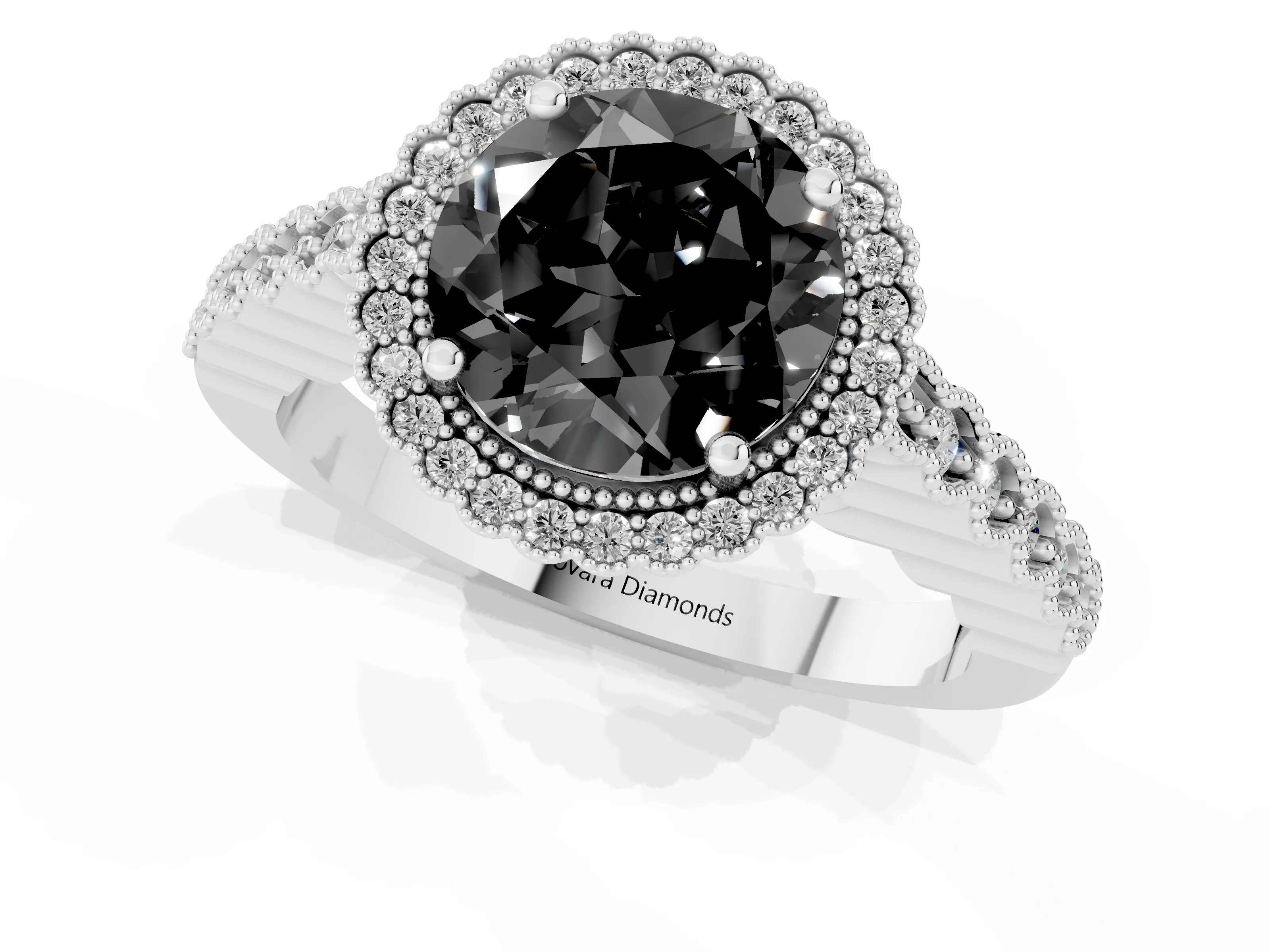 Fancy Black Round Cut Diamond Halo Ring Set in Platinum with Pavé Milgrain Band