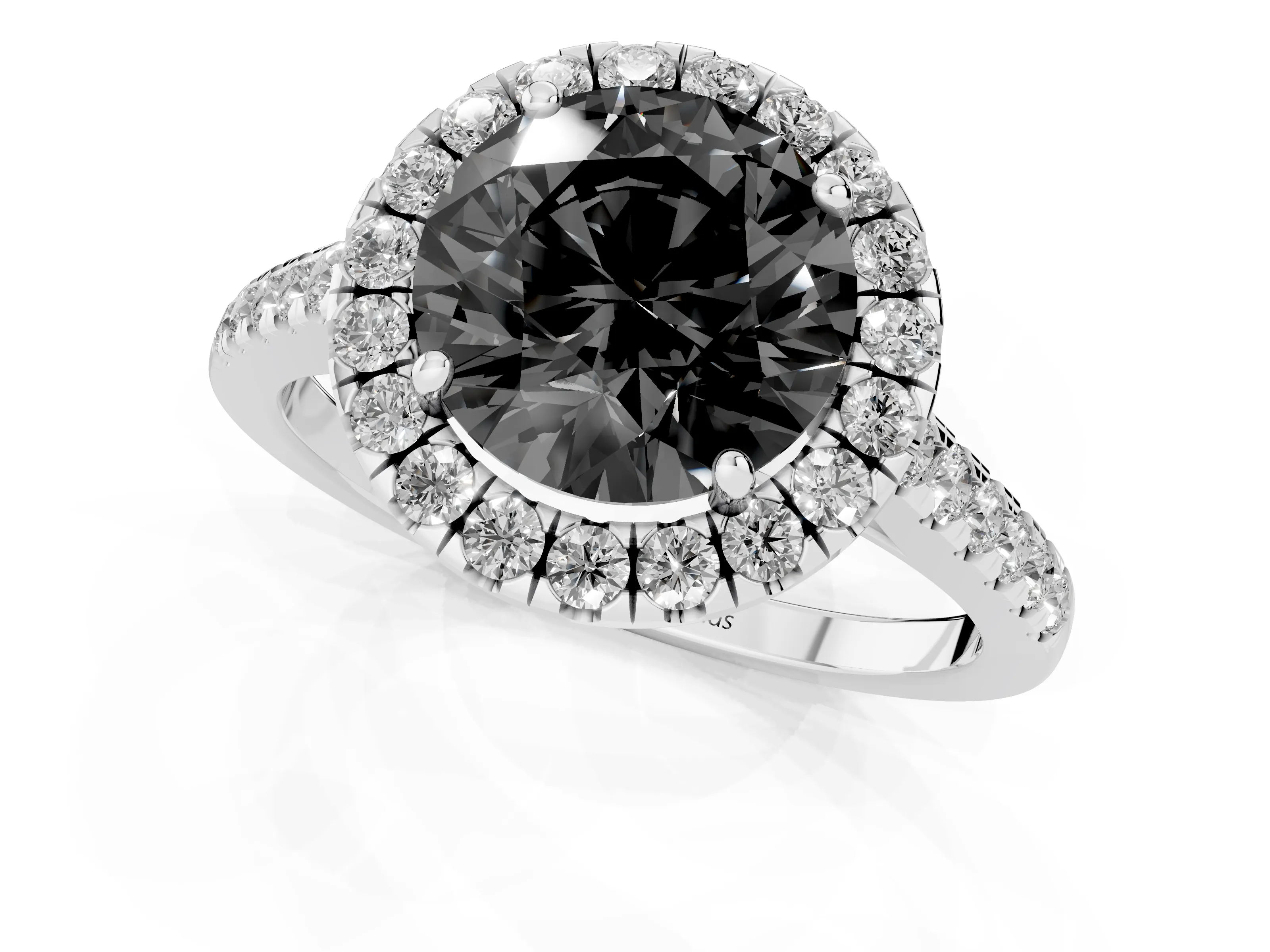 Fancy Black Round Cut Diamond Halo Pavé Engagement Ring Set in White gold with Prong Setting
