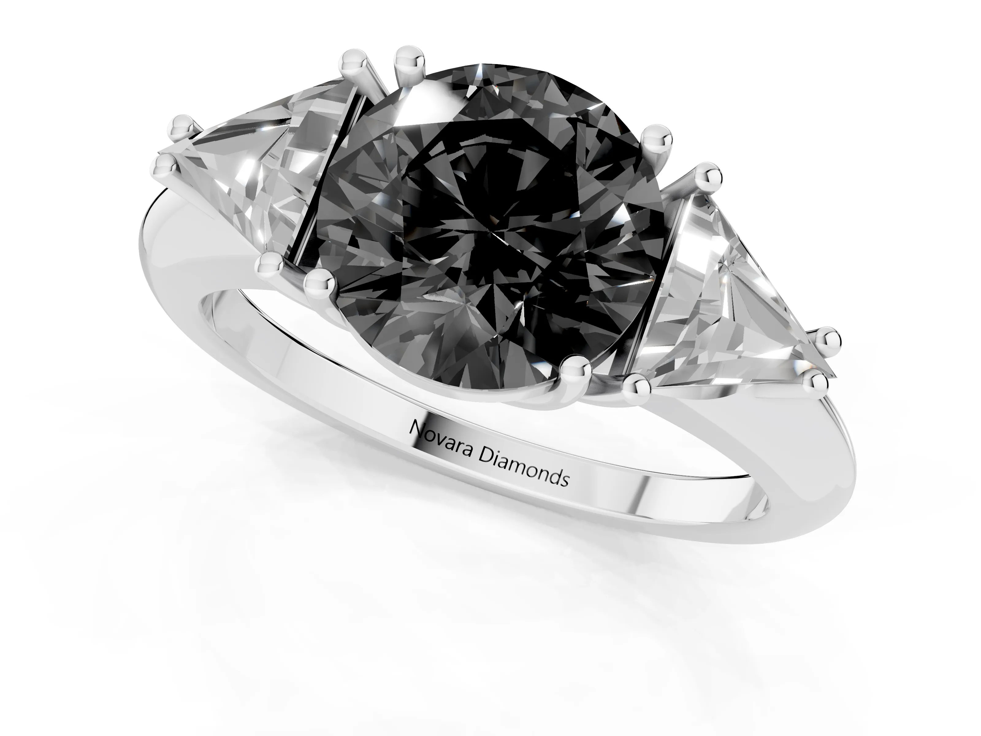 Fancy Black Round Cut Diamond Three-Stone Engagement Ring Set in Silver with Trillion Side Stones