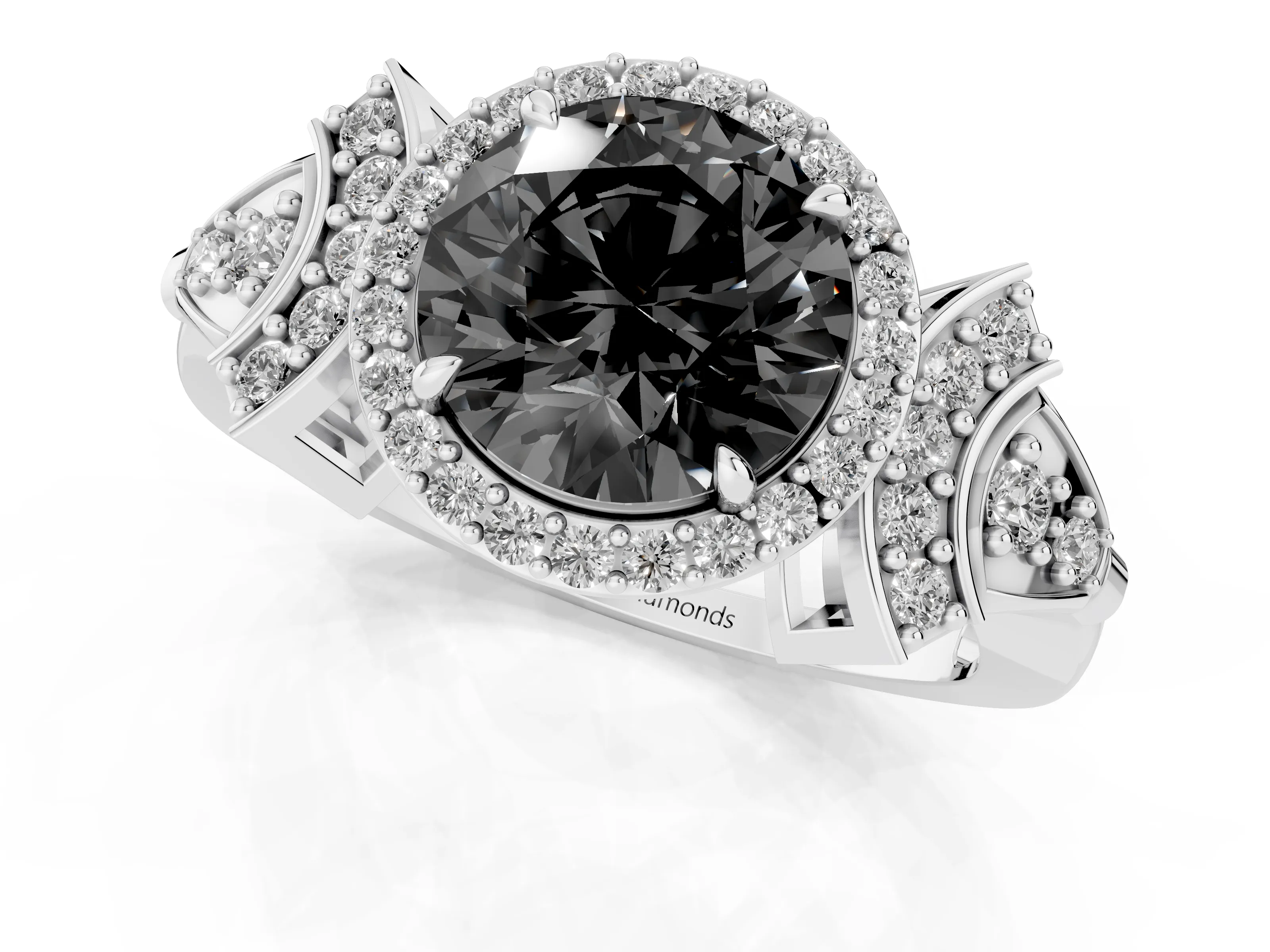 Fancy Black Round Cut Diamond Halo Engagement Ring Set in Silver with Accent Stone Split Shank