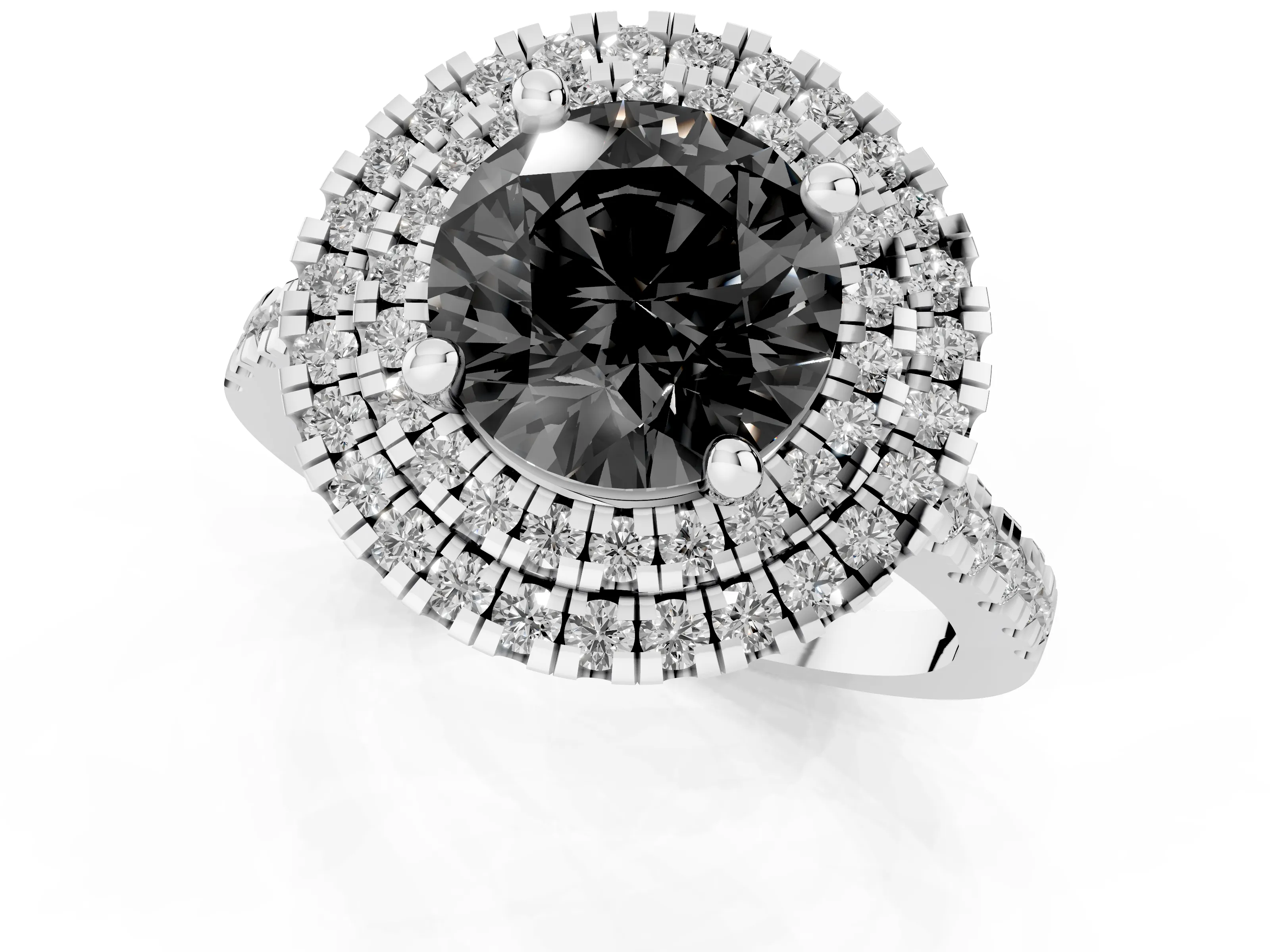 Fancy Black Round Cut Diamond Double Halo Statement Ring Set in Silver with Pavé Band