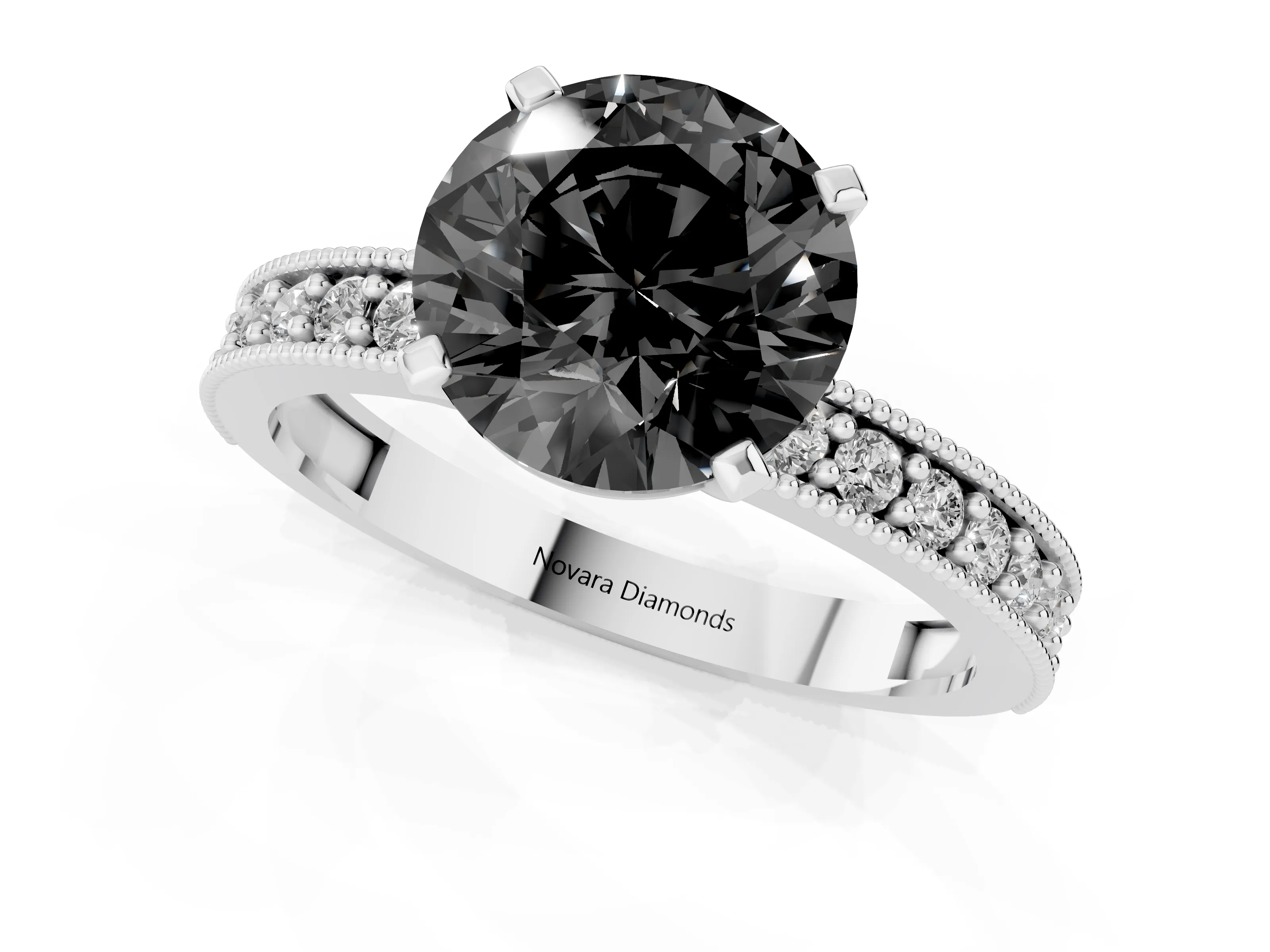 Fancy Black Round Cut Diamond Milgrain Pavé Engagement Ring Set in Silver with Prong Setting