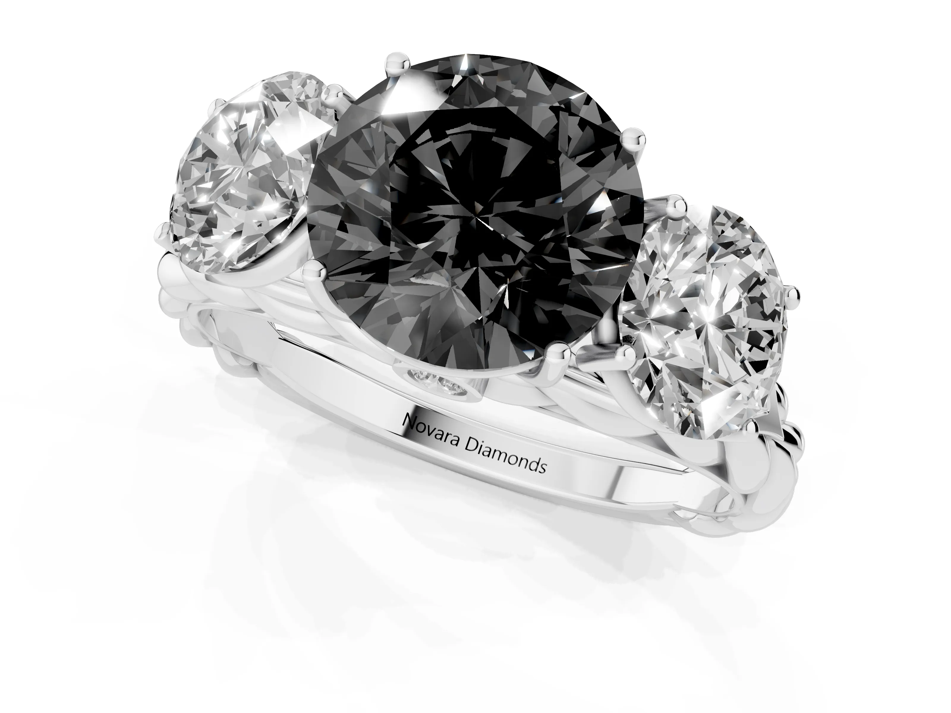 Fancy Black Round Cut Diamond Three-Stone Ring Set in Silver with Braided Band