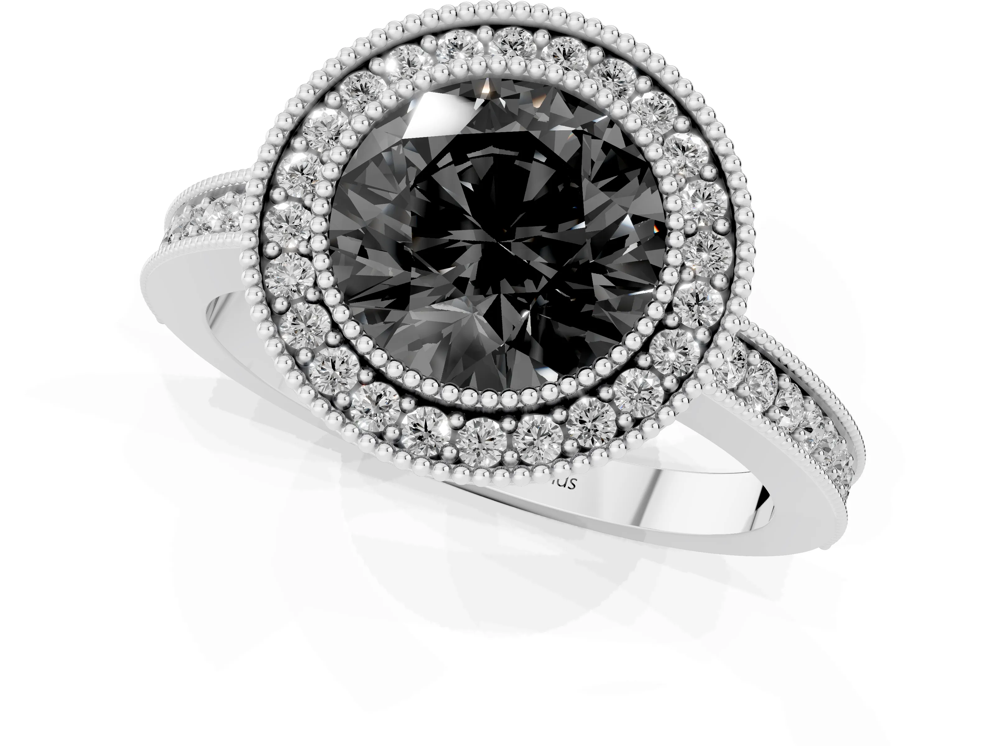 Fancy Black Round Cut Diamond Round Halo Ring Set in White gold with Pavé Band