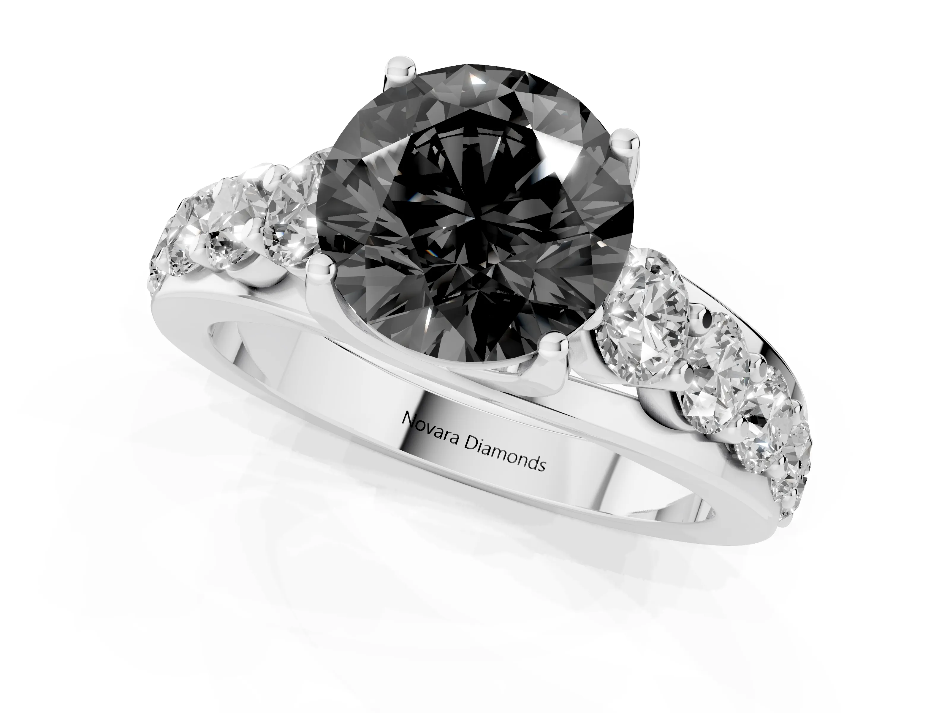Fancy Black Round Cut Diamond Pavé Engagement Ring Set in Silver with Prong Setting