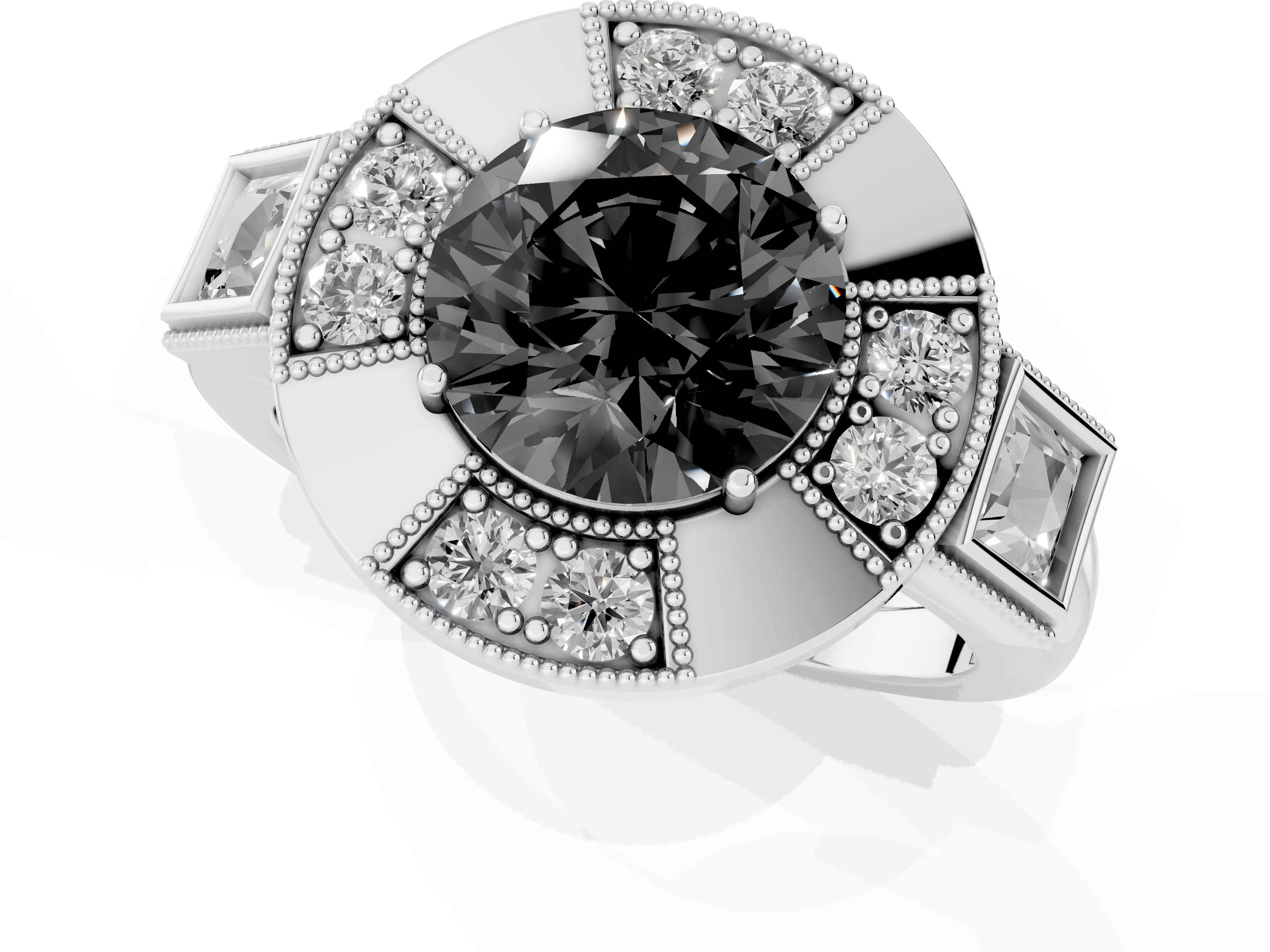 Fancy Black Round Cut Diamond Milgrain Halo Ring Set in Silver with Split Shank