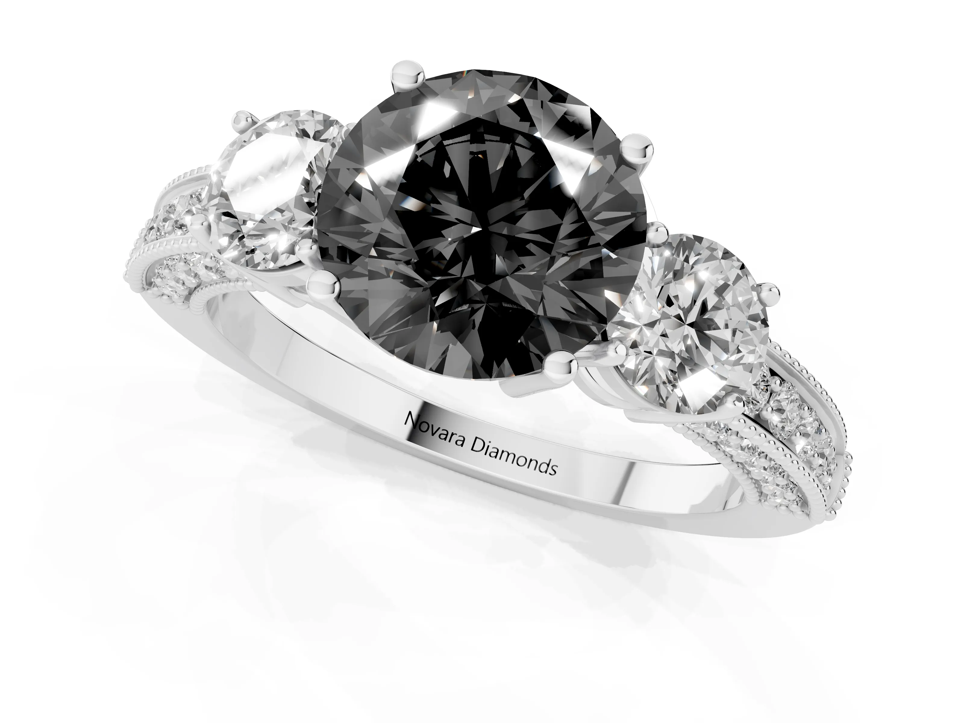 Fancy Black Round Cut Diamond Three-Stone Ring Set in Platinum with Round Side Stones and Pavé Band