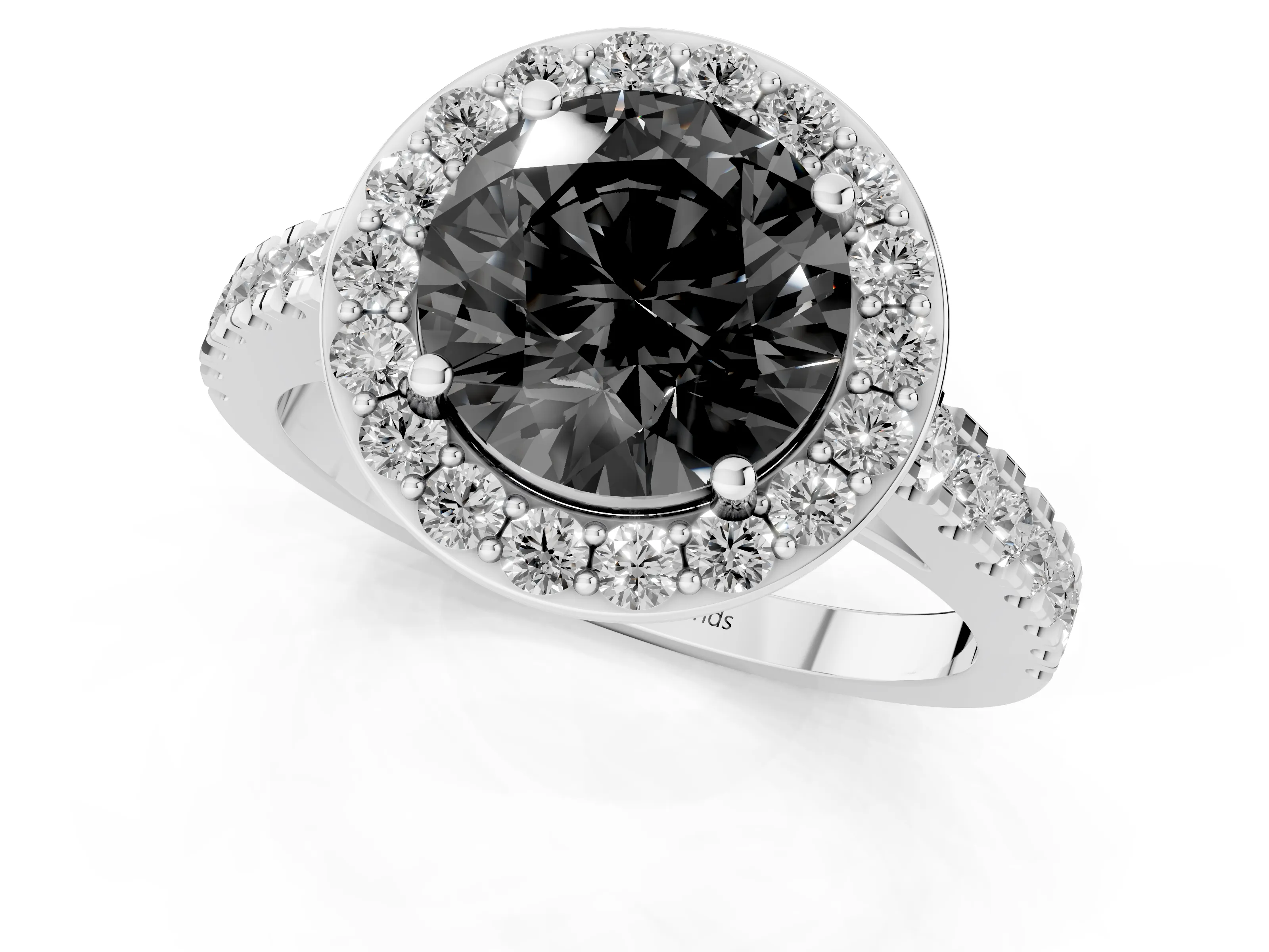 Fancy Black Round Cut Diamond Halo Ring Set in White gold with Round Pavé Split Shank and Prong Setting