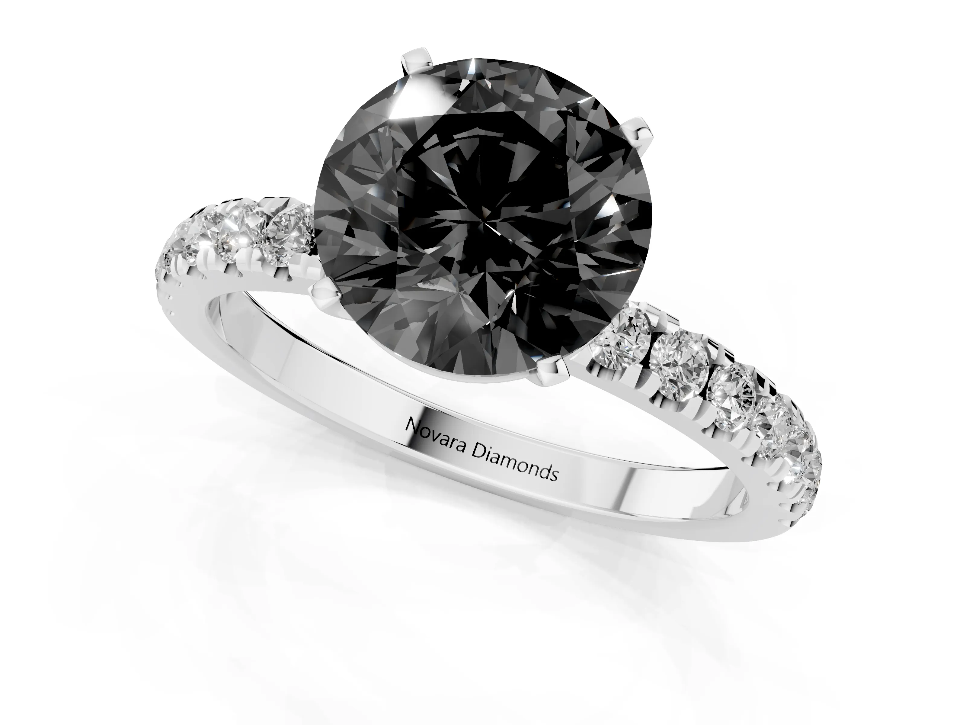 Fancy Black Round Cut Diamond Solitaire Ring Set in Silver with Pavé Accents and Prong Setting