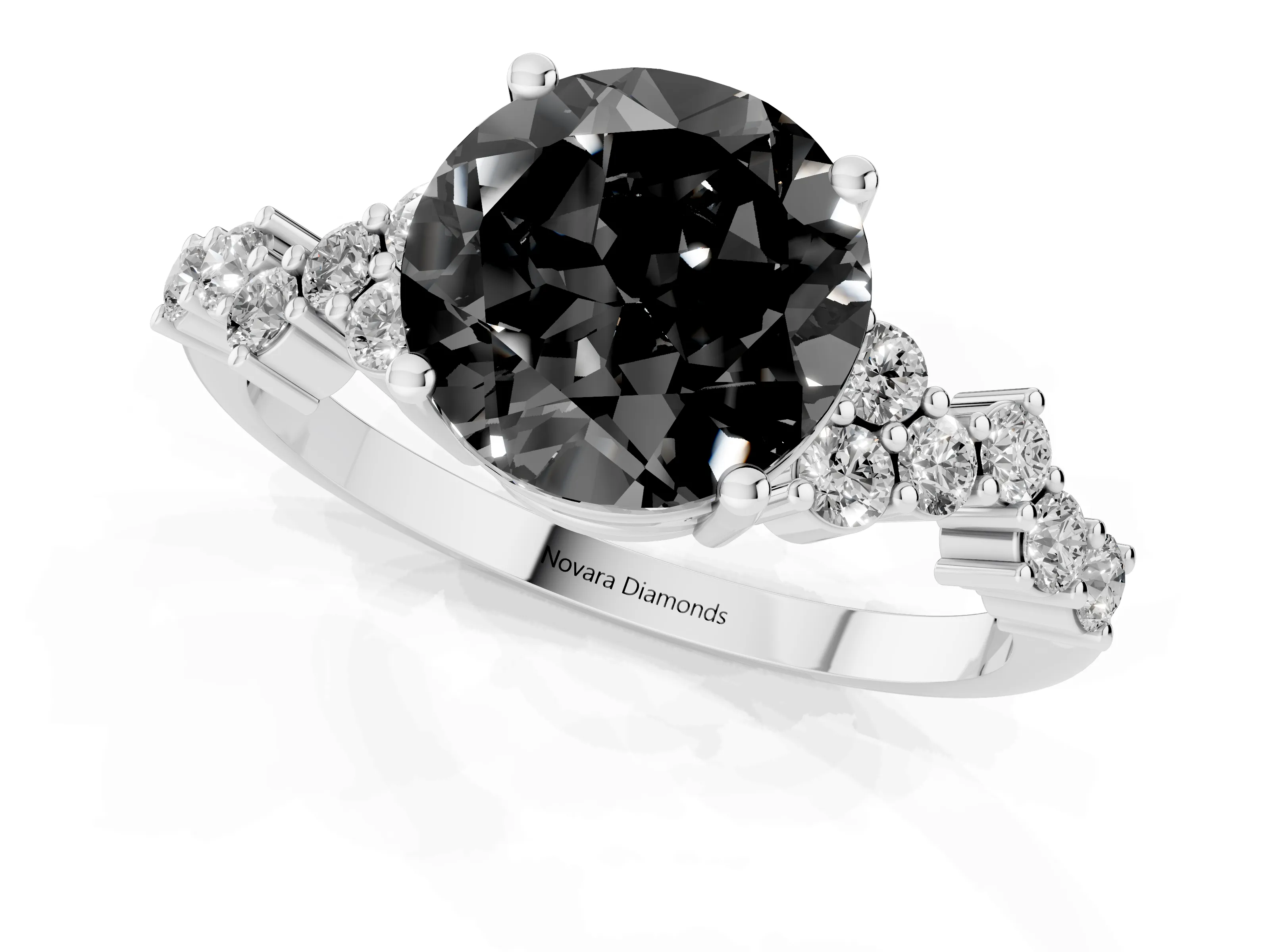 Fancy Black Round Cut Diamond Ring Set in White gold with Scattered Round Accents