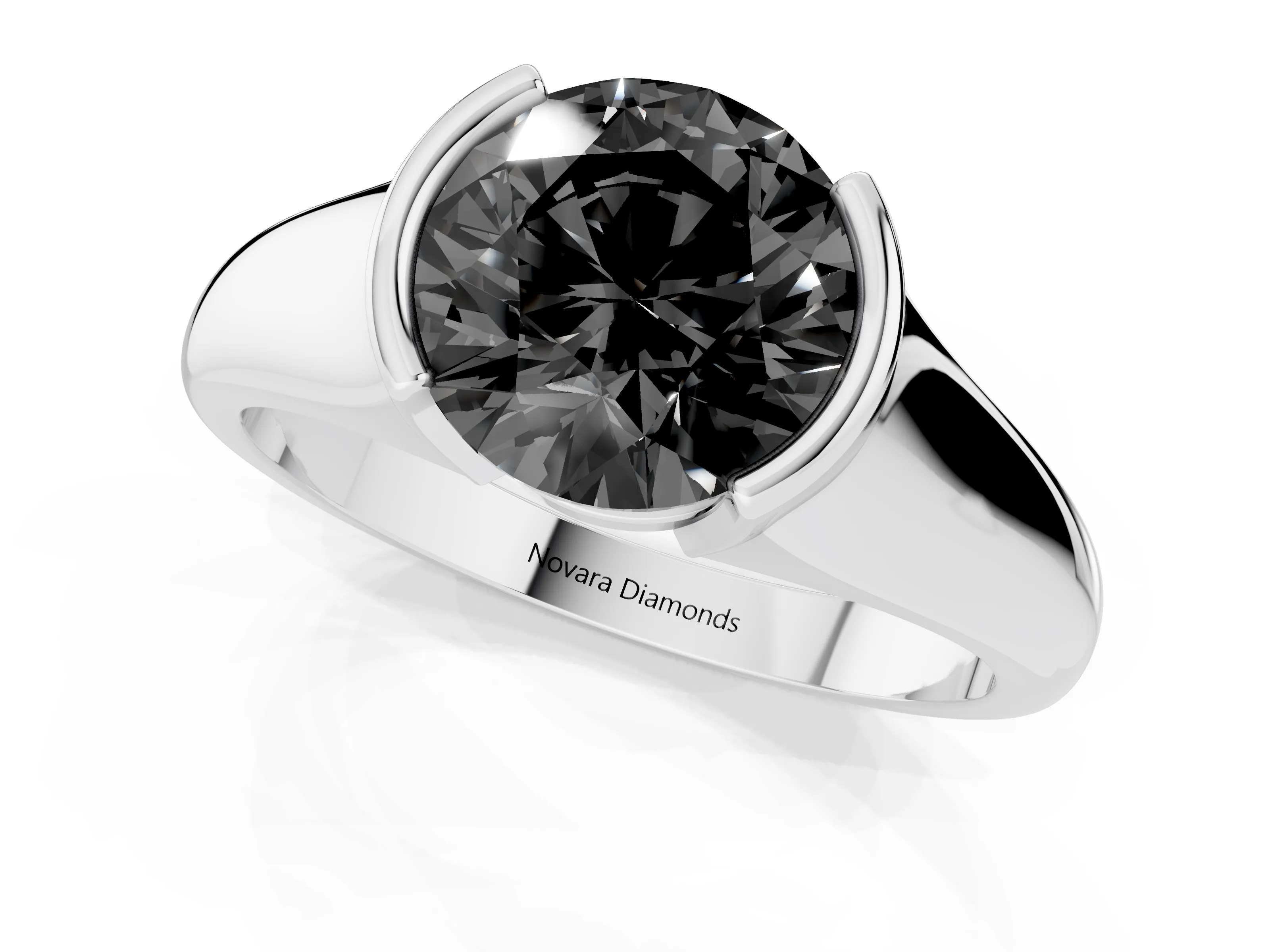 Fancy Black Round Cut Diamond Solitaire Tension Set Ring Set in Platinum with Split Shank Band