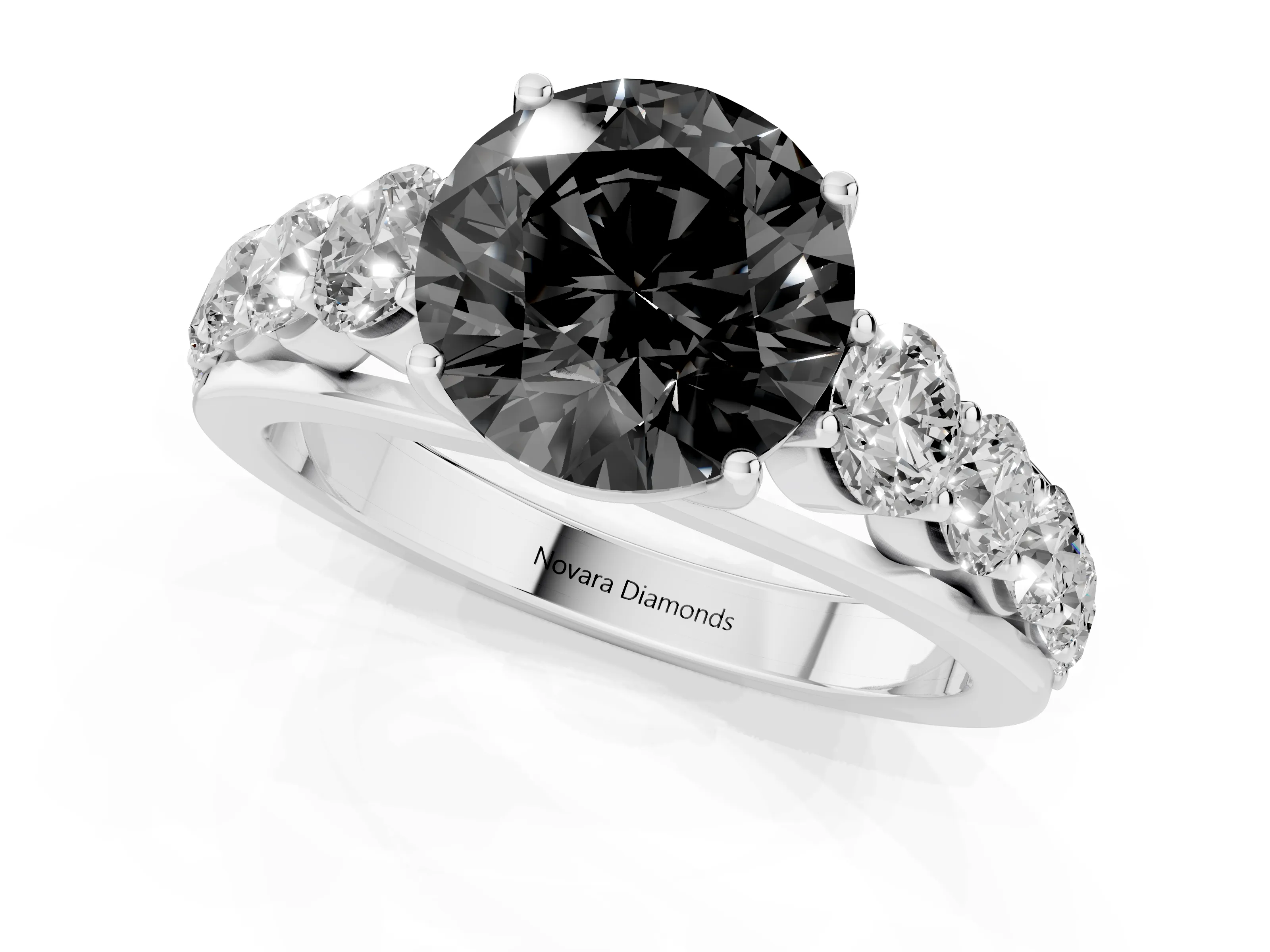 Fancy Black Round Cut Diamond Solitaire Ring Set in Silver with Pavé-Set Band and Prong Setting
