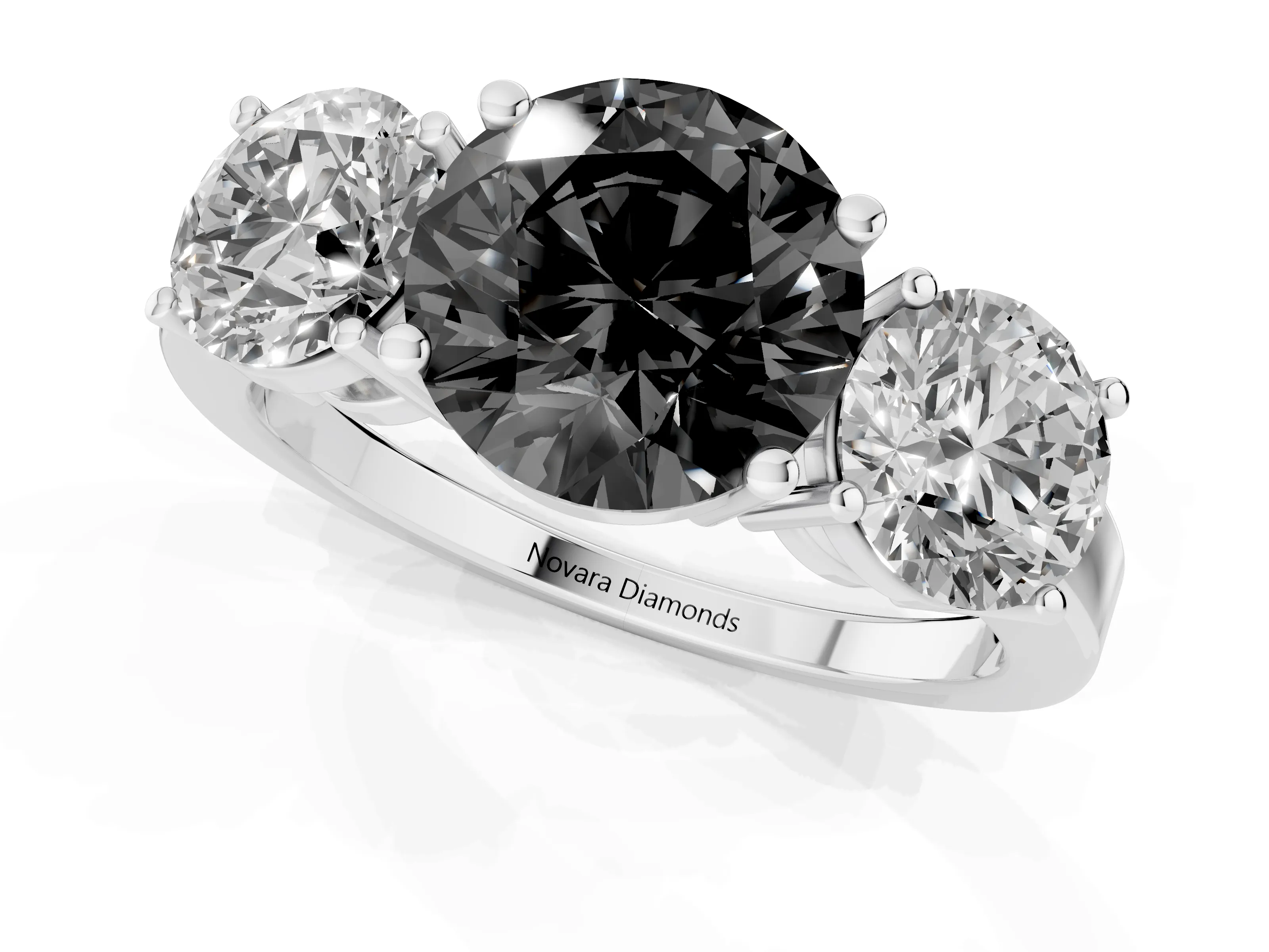 Fancy Black Round Cut Diamond Three-Stone Engagement Ring Set in White gold with Flat Band