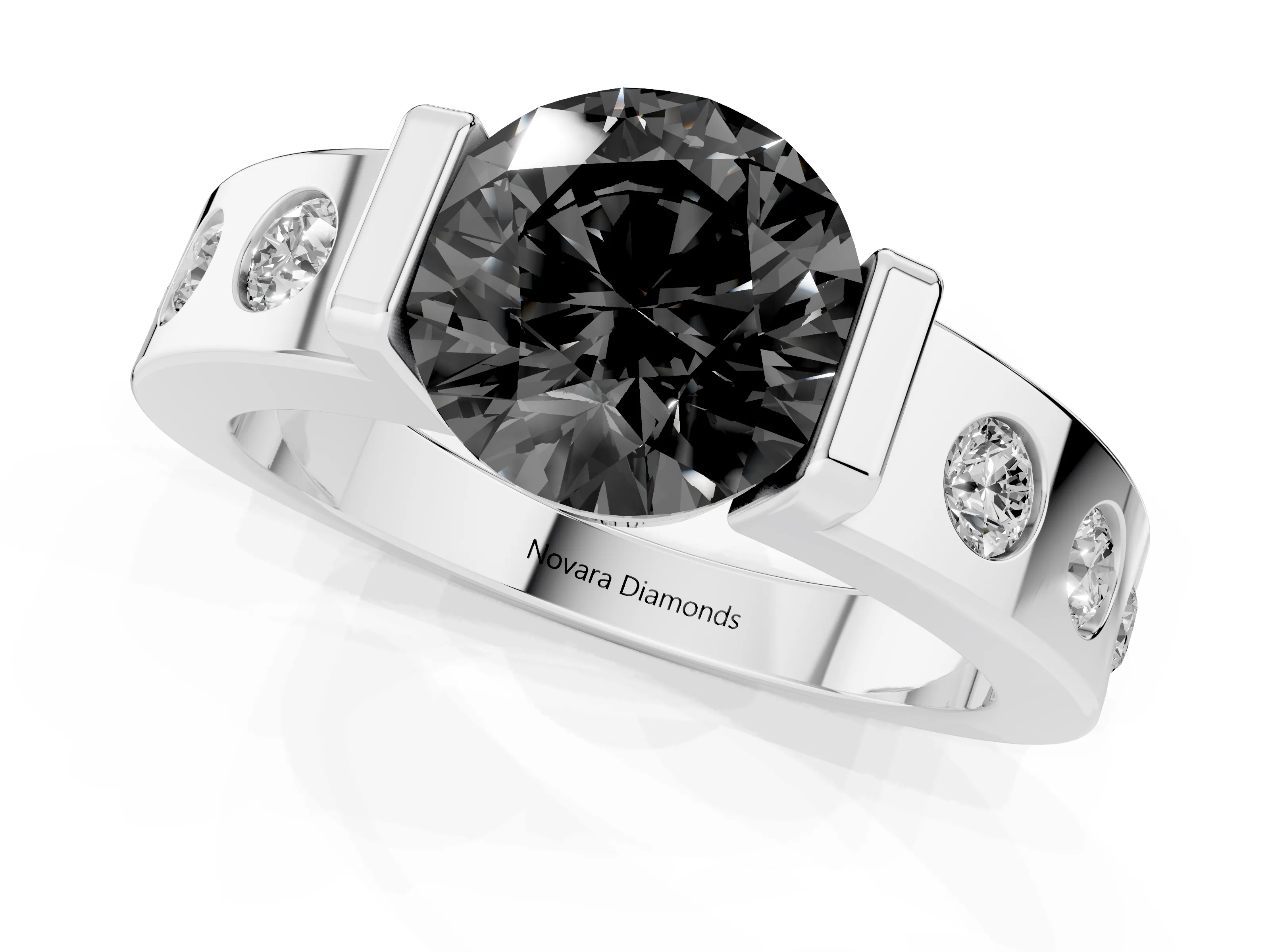Fancy Black Round Cut Diamond Channel-Set Band Ring Set in White gold with Bezel Prong Setting
