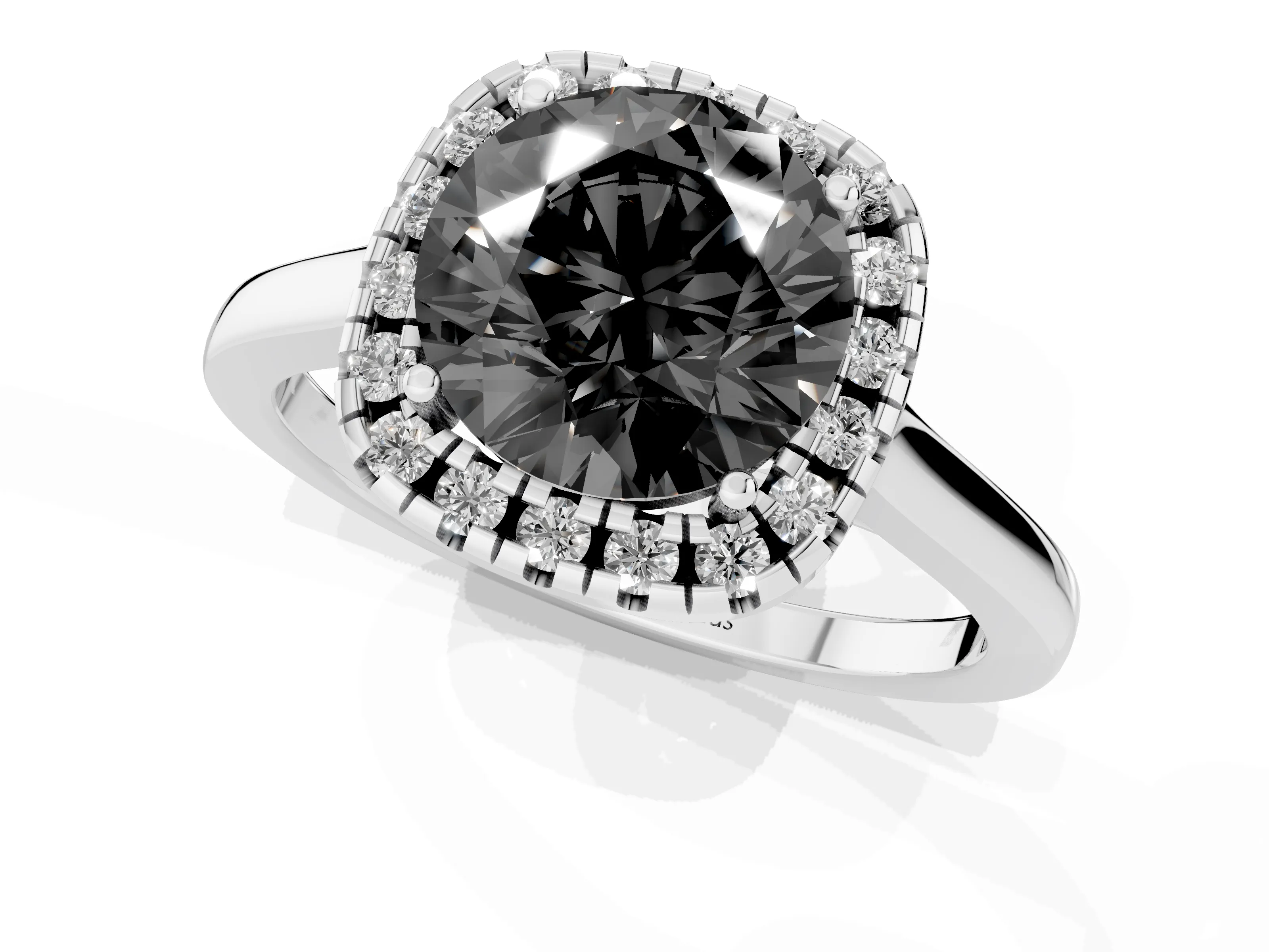 Fancy Black Round Cut Halo Round Diamond Solitaire Ring Set in Silver with Pavé Band and Prong Setting