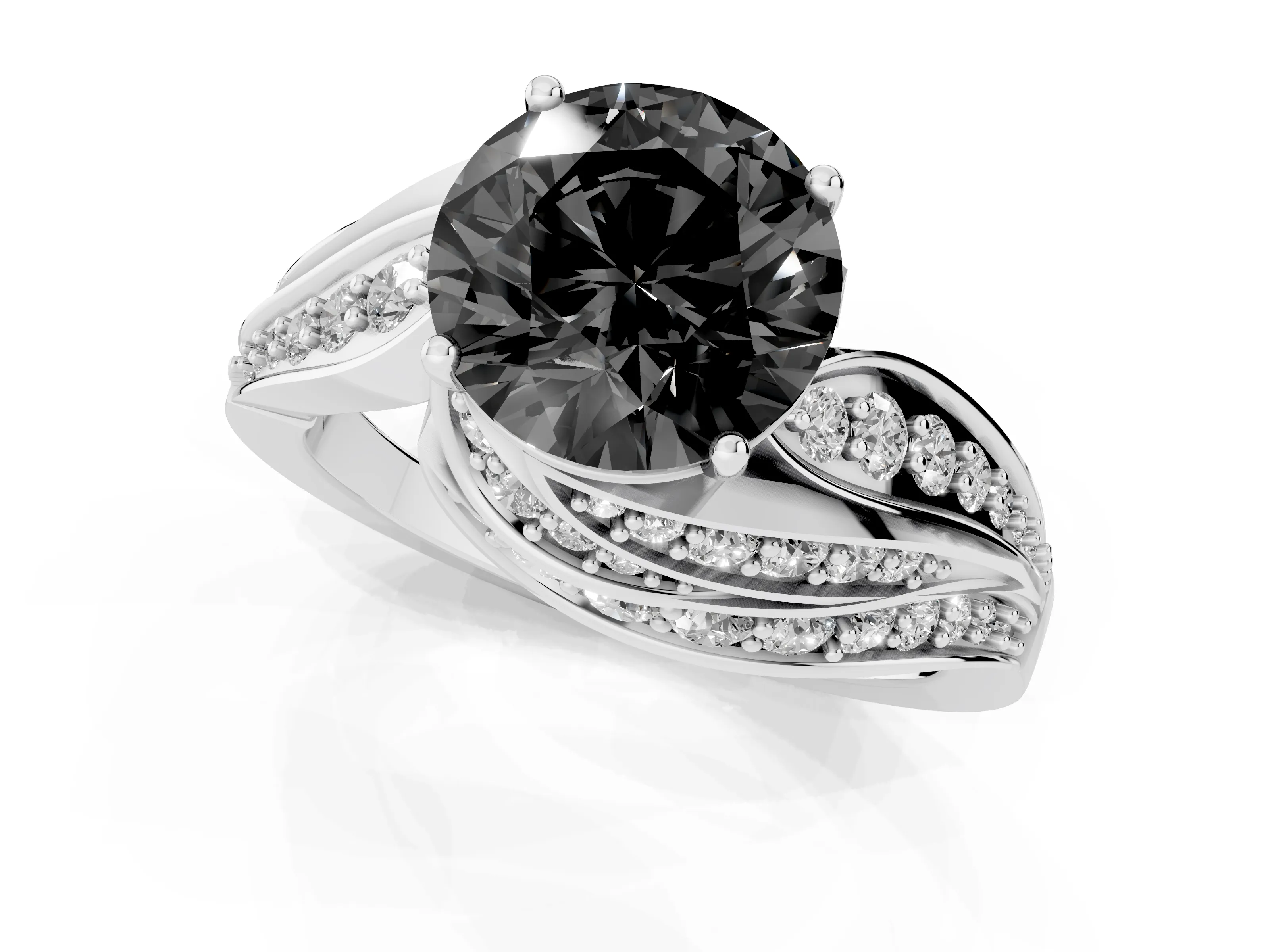 Fancy Black Round Cut Diamond Solitaire Ring Set in Silver with Layered Twist Pavé Band