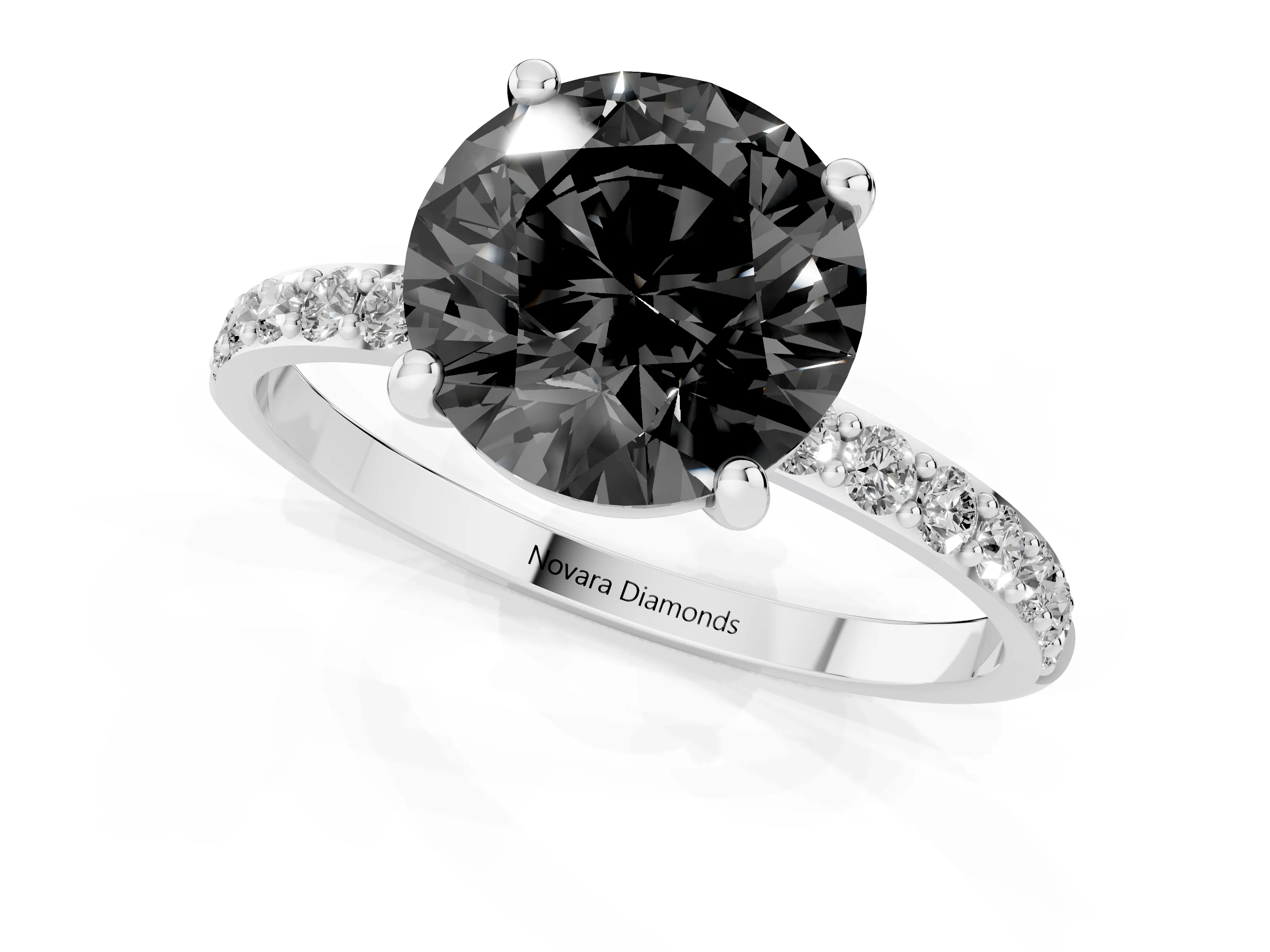 Fancy Black Round Cut Diamond Solitaire Ring Set in Platinum with Round Pavé Band and Prong Setting