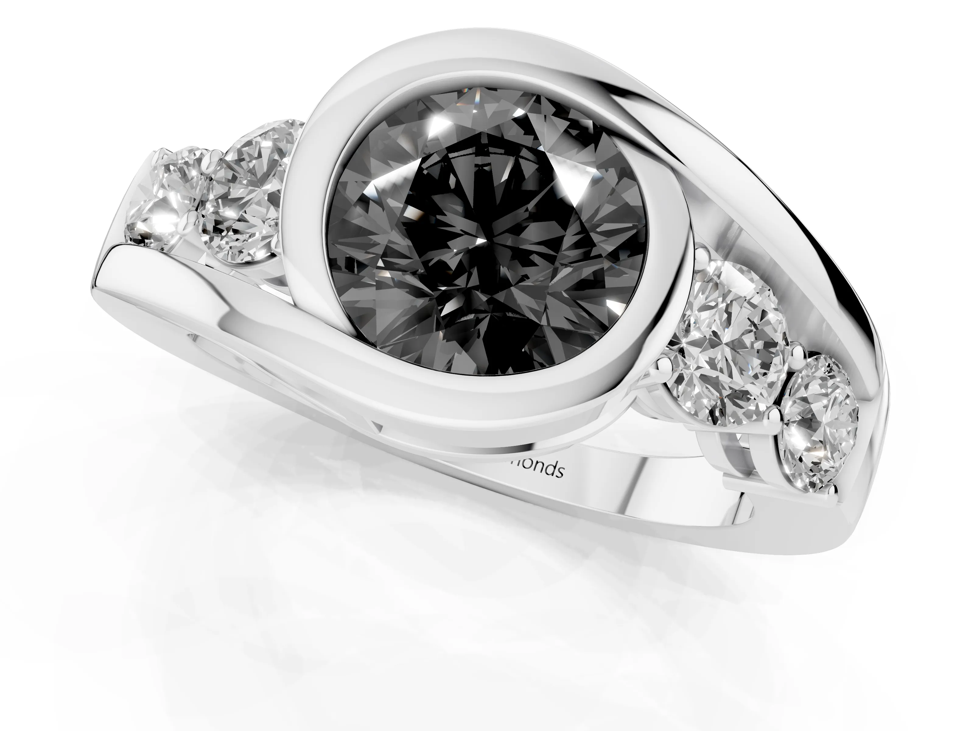 Fancy Black Round Cut Diamond Bezel Bypass Ring Set in Platinum with Round Accents