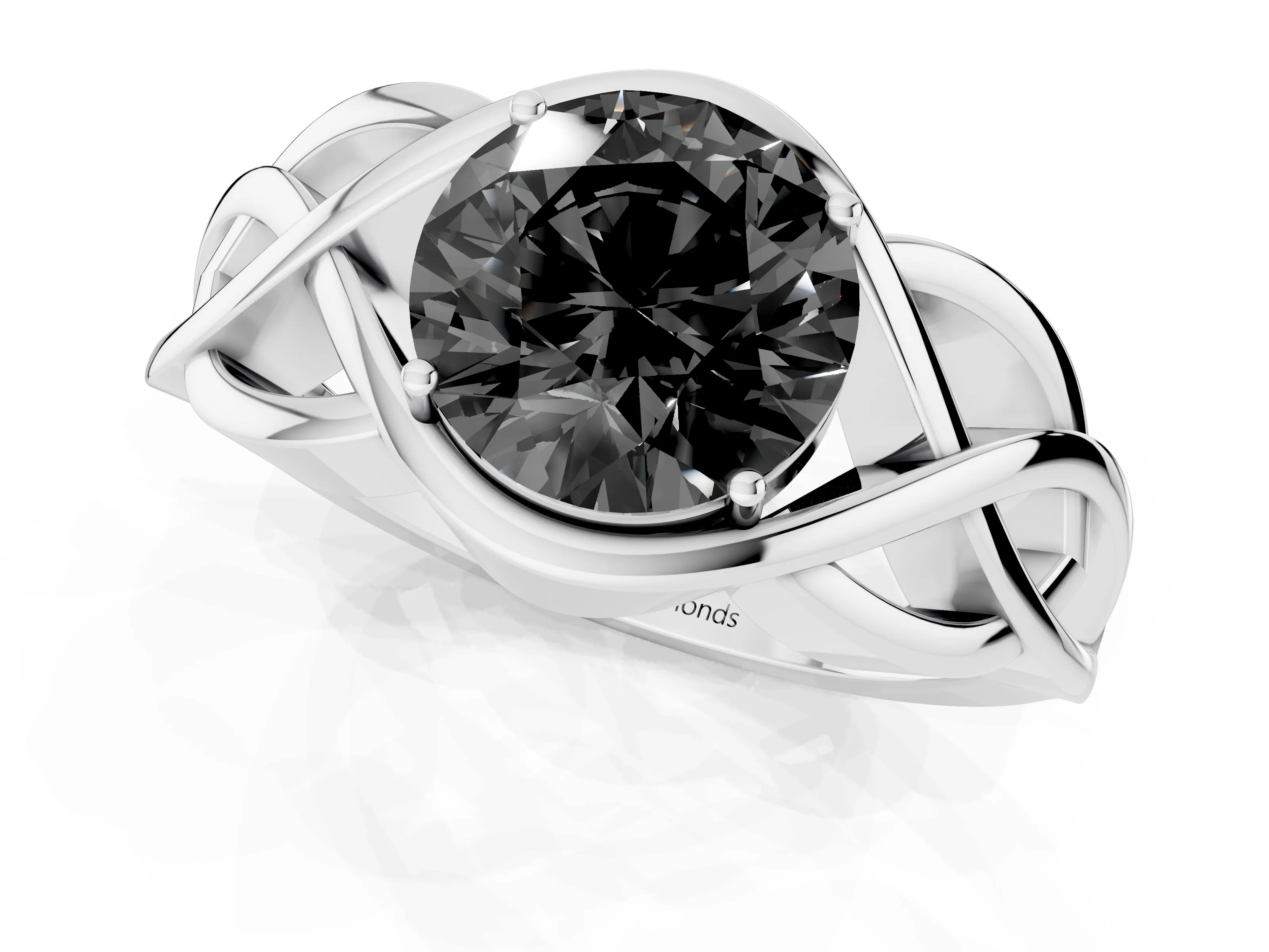 Fancy Black Round Cut Diamond Solitaire Ring Set in Platinum with Intertwined Band