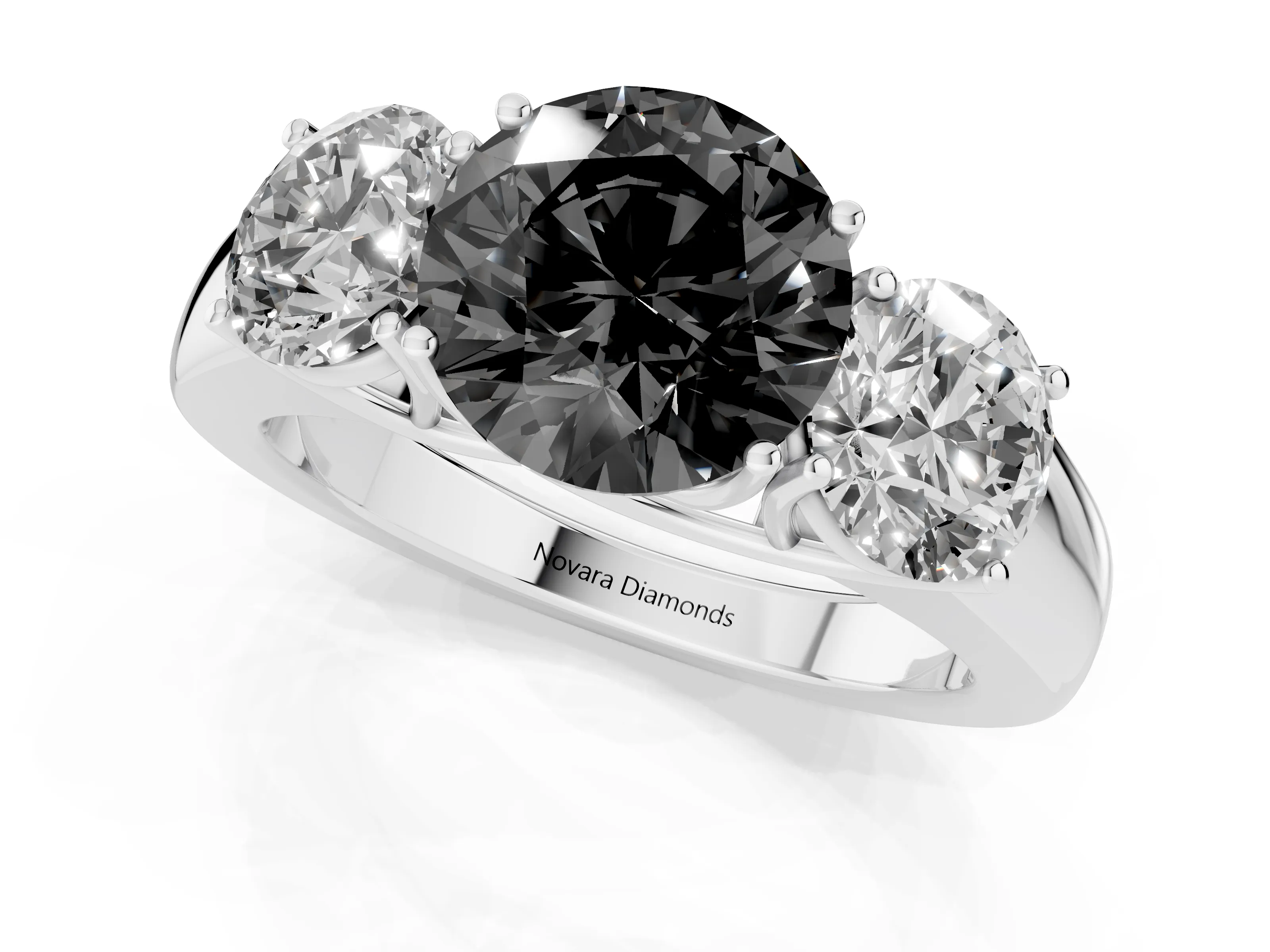 Fancy Black Three-Stone Round Cut Diamond Ring Set in Platinum with Matching Prong Settings and Plain Band