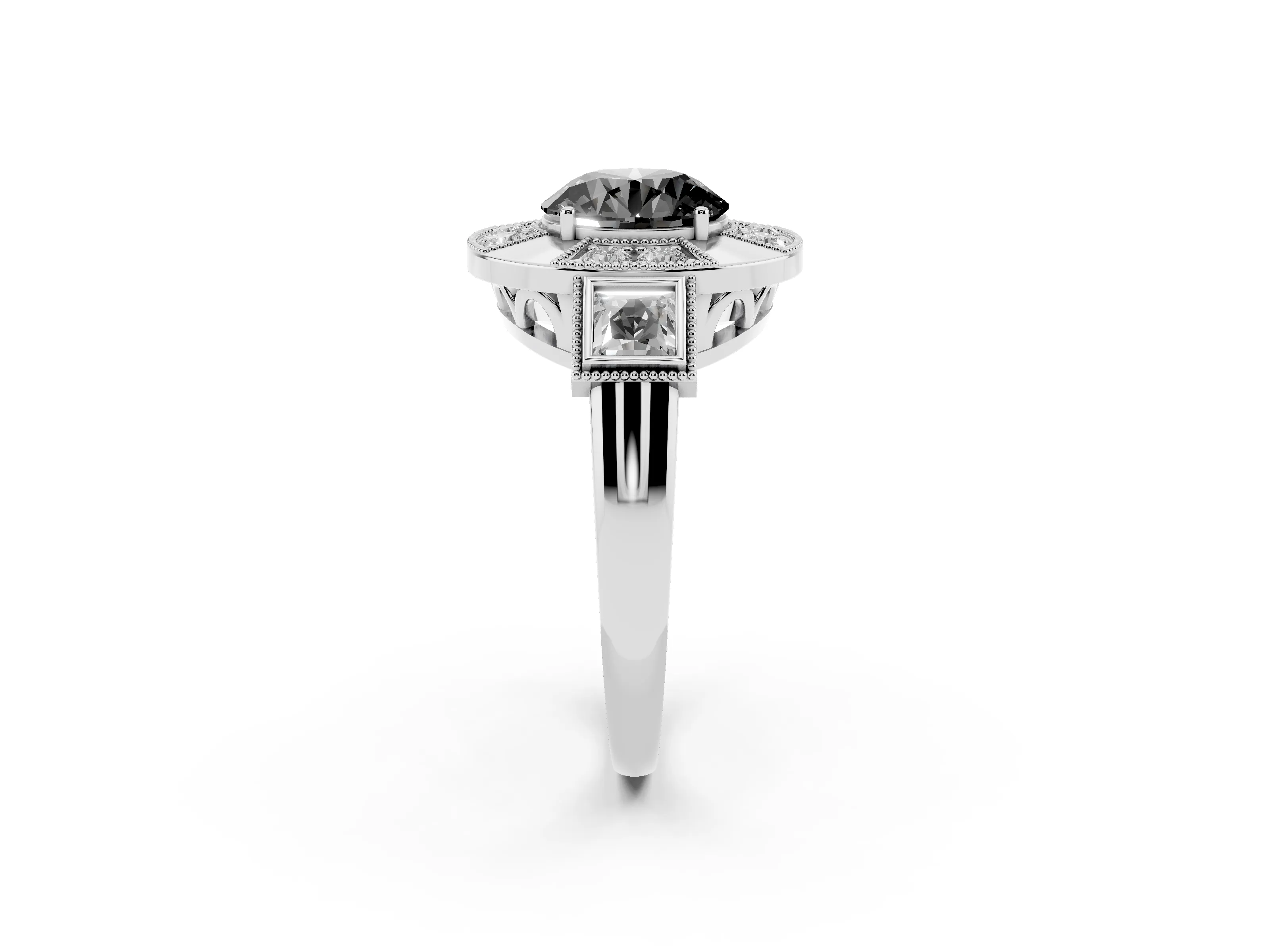 Fancy Black Round Cut Diamond Milgrain Halo Ring Set in Silver with Split Shank