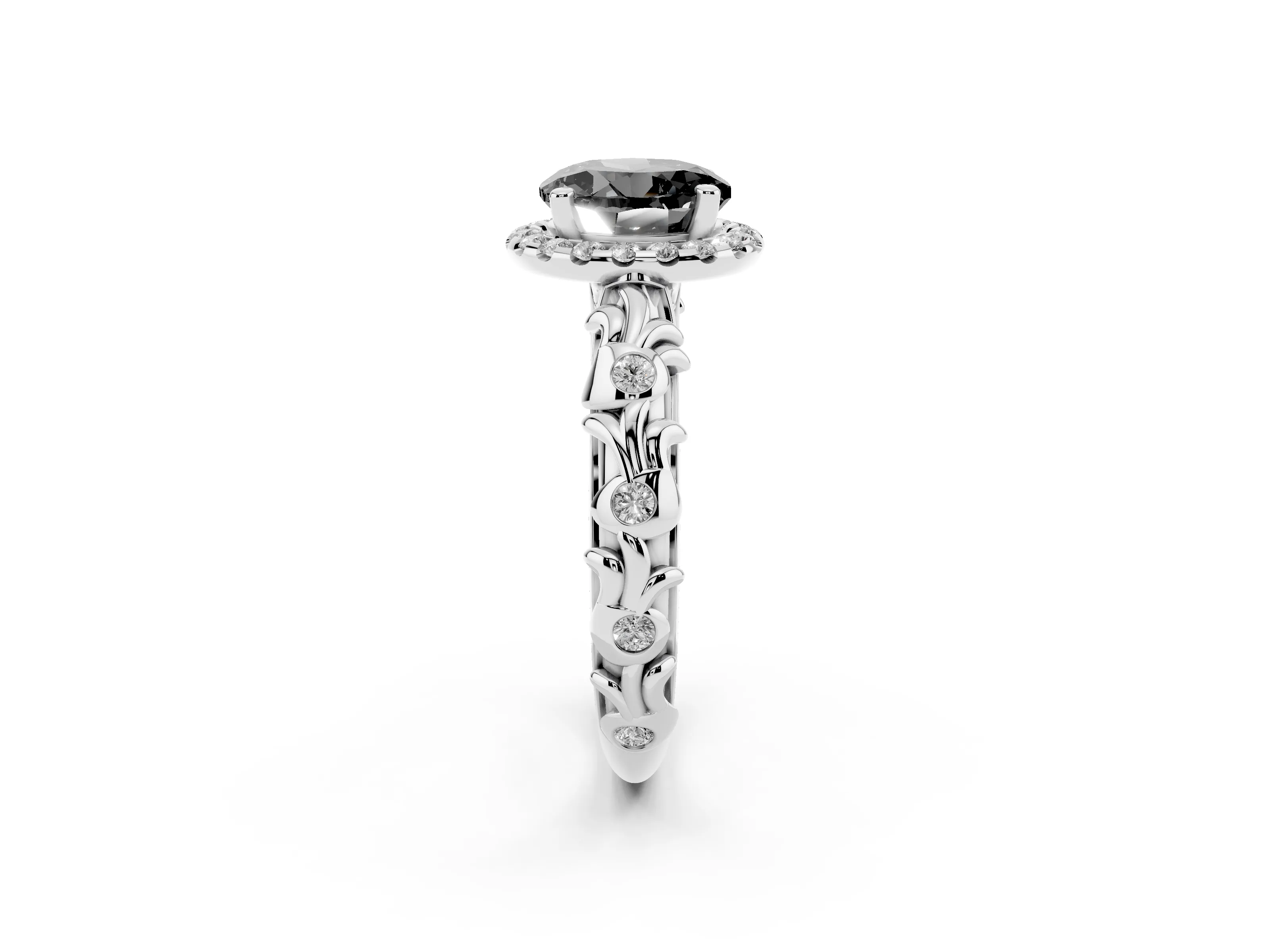 Fancy Black Round Cut Diamond Halo Ring Set in Silver with Filigree Leaf Band and Prong Setting