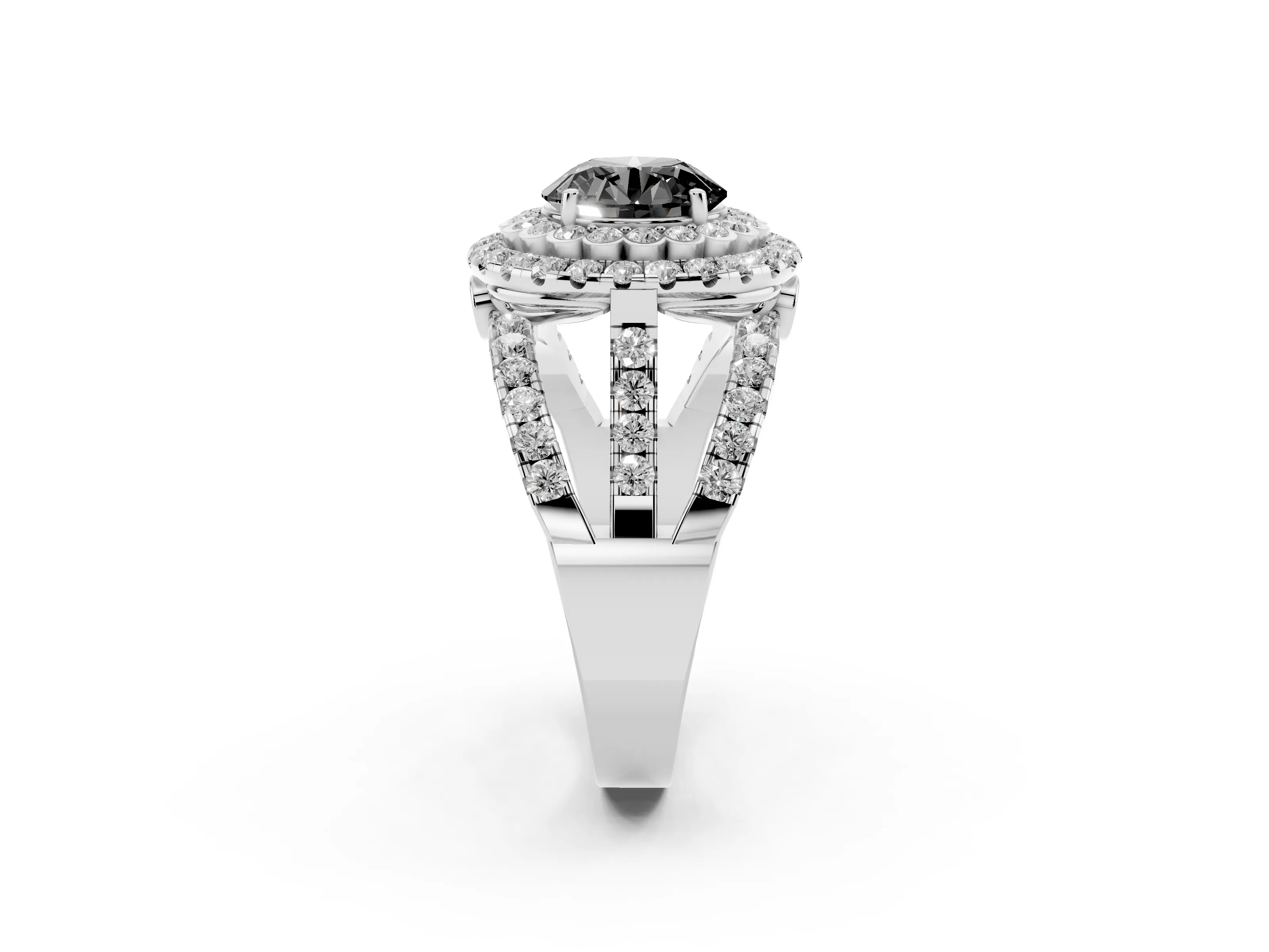 Fancy Black Round Cut Diamond Double Halo Ring Set in White gold with Round Pavé Split Shank