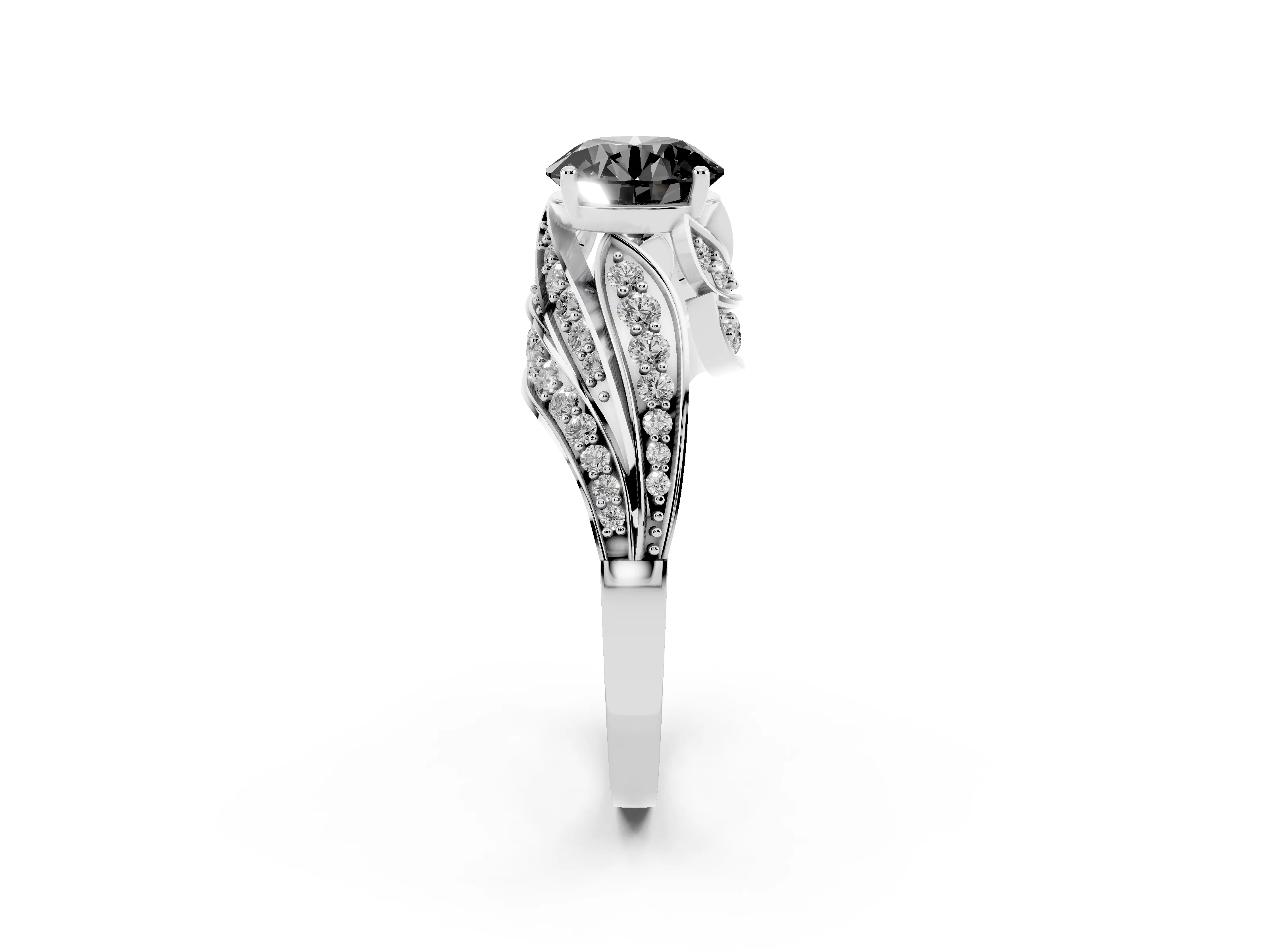 Fancy Black Round Cut Diamond Solitaire Ring Set in Silver with Layered Twist Pavé Band