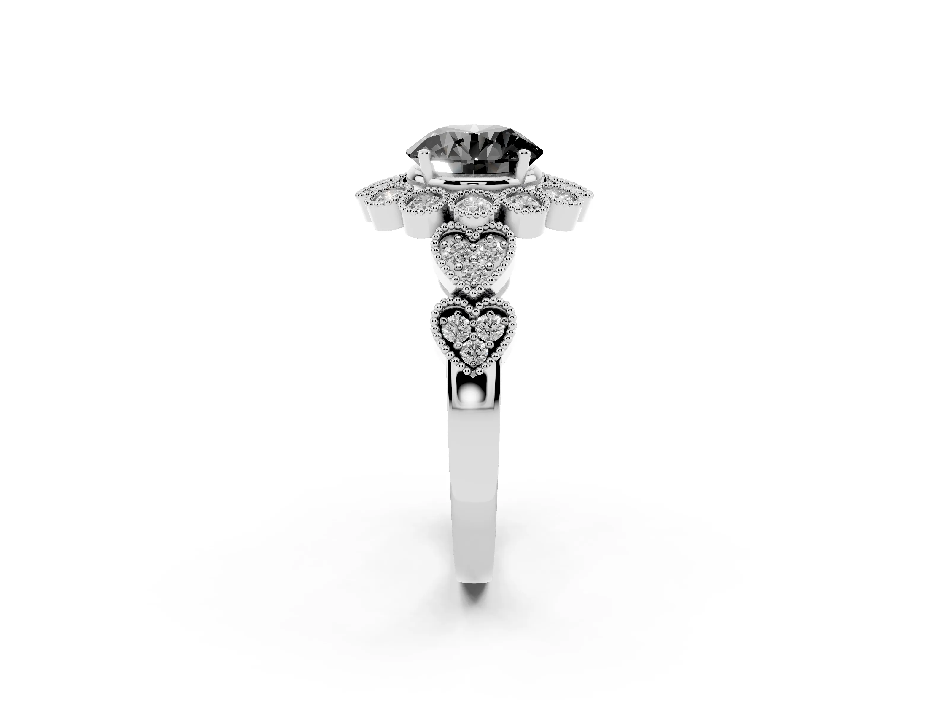 Fancy Black Round Cut Diamond Solitaire Ring Set in White gold with Milgrain Pavé Heart Band