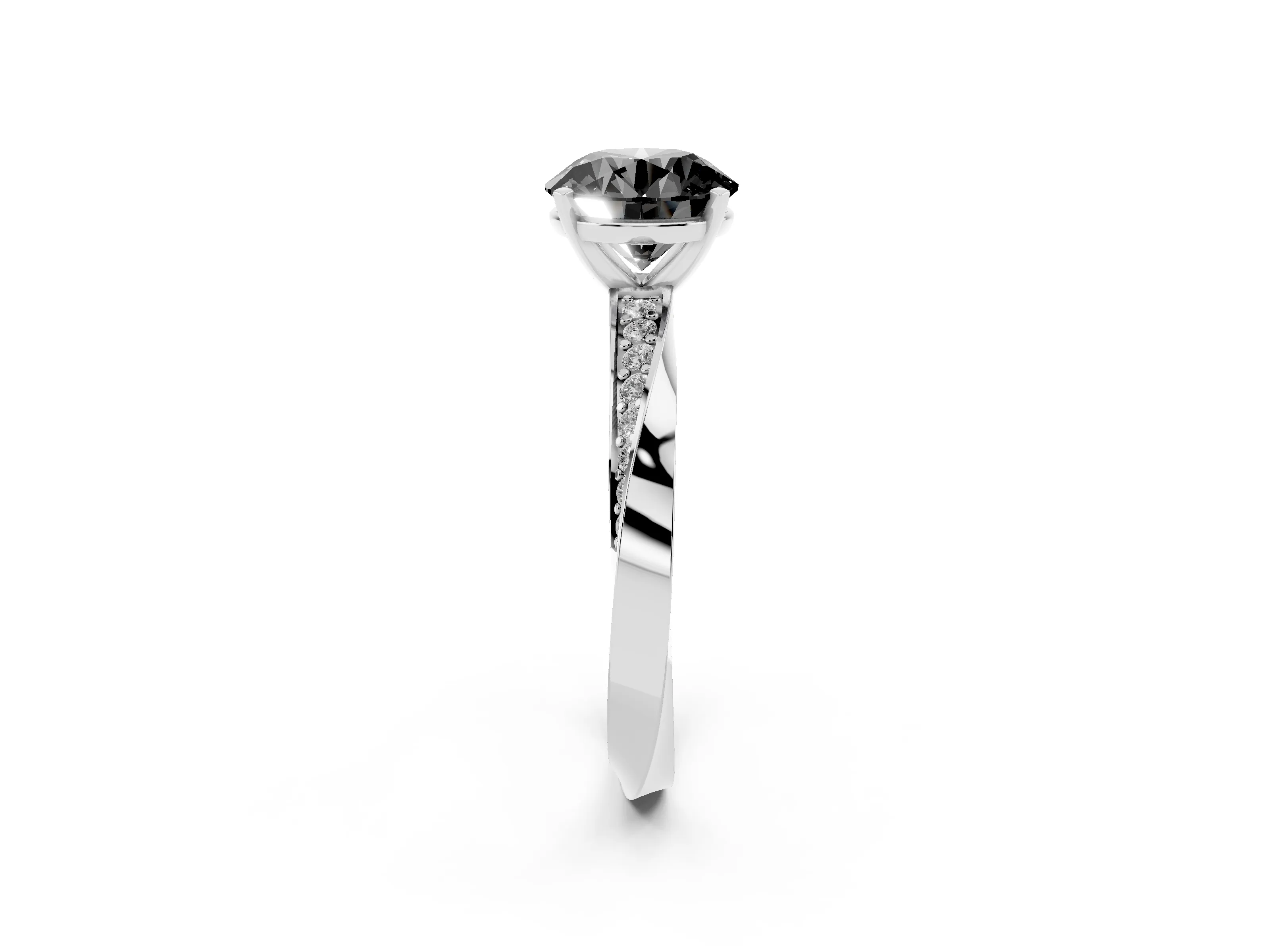 Fancy Black Round Cut Diamond Engagement Ring Set in White gold with Side Stone Accents and Prong Setting