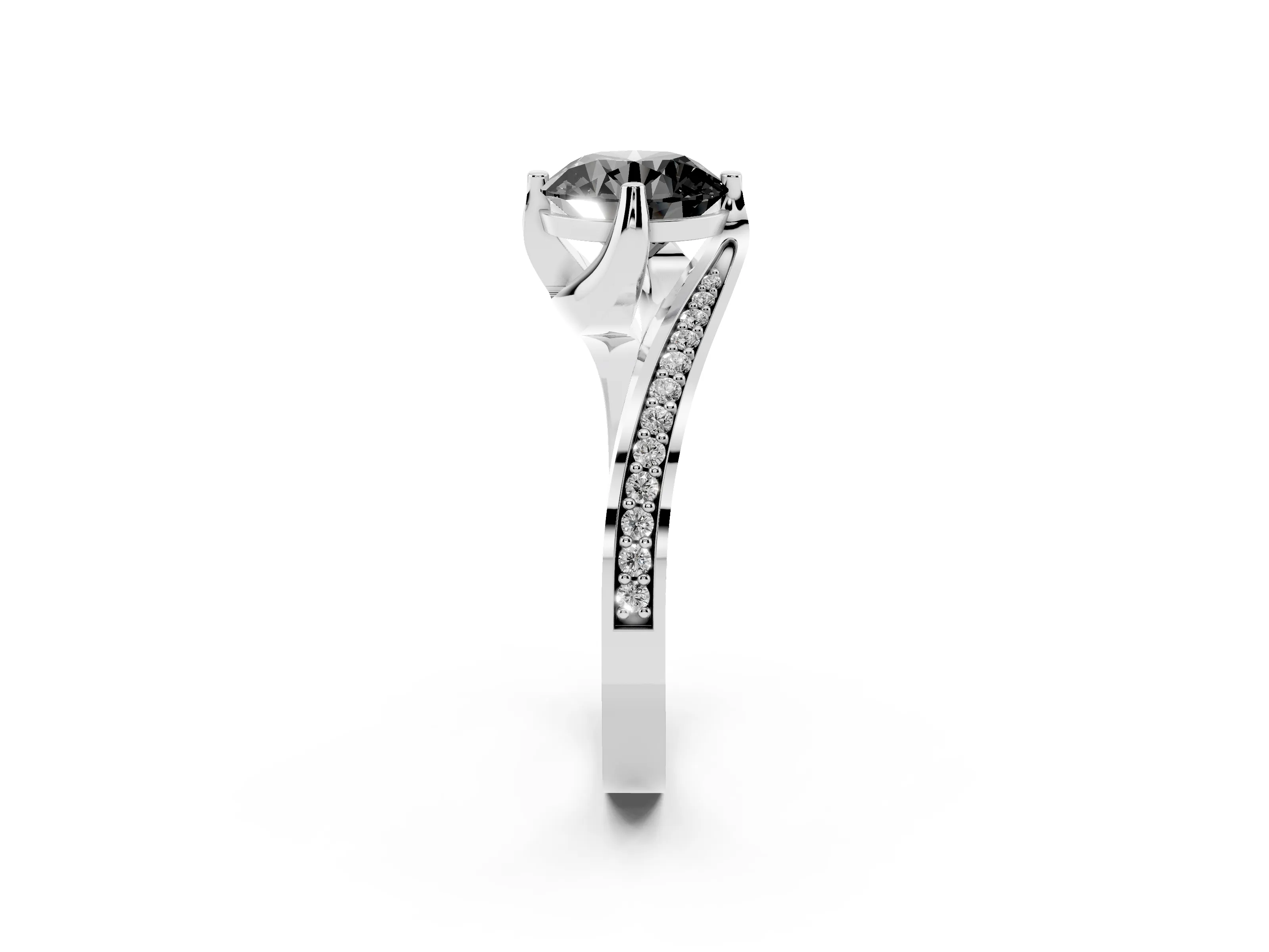 Fancy Black Round Cut Diamond Solitaire Ring Set in White gold with Intertwined Pavé Twist Band