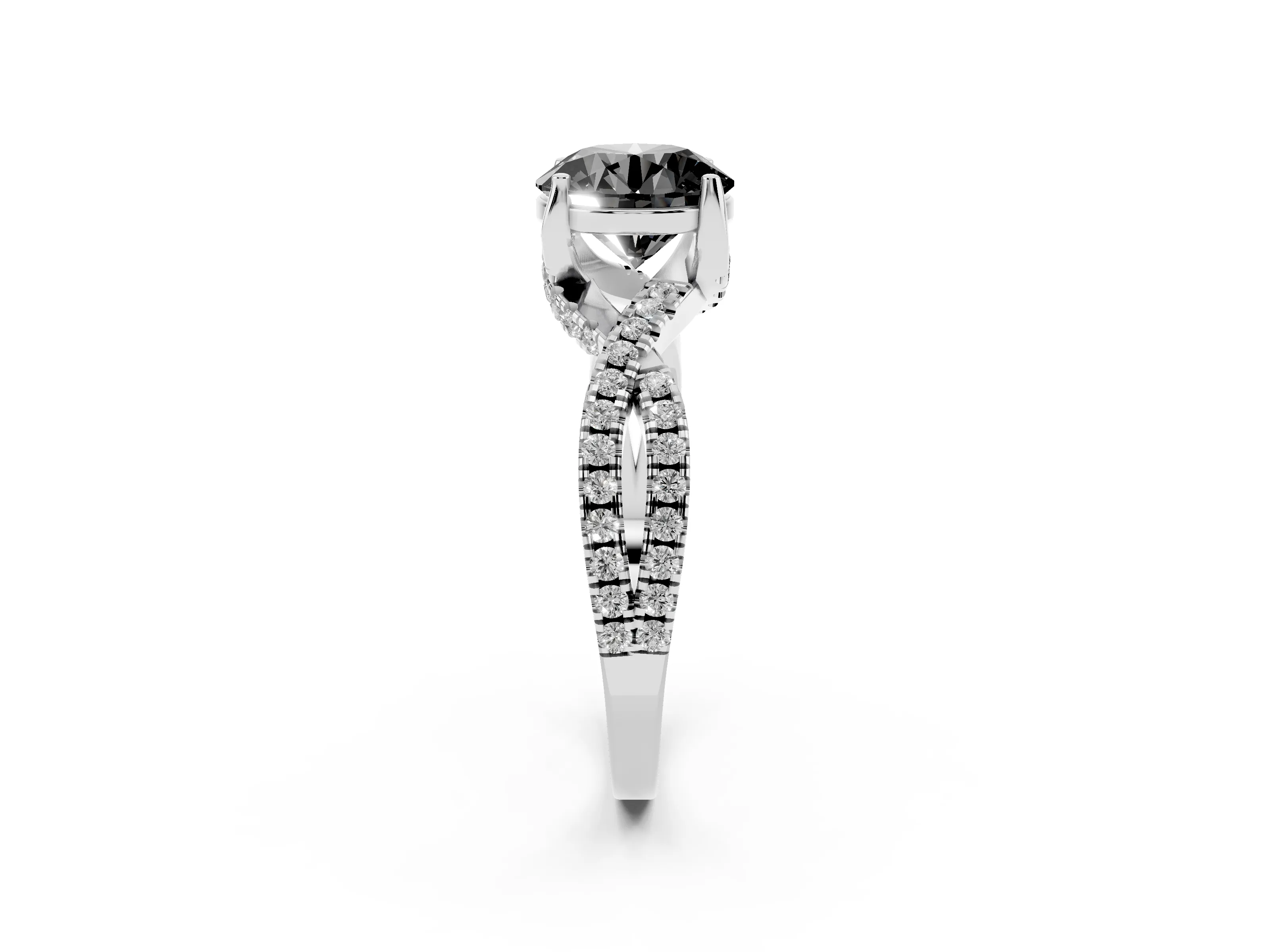 Fancy Black Round Cut Diamond Twist Pavé Solitaire Engagement Ring Set in Silver with Prong Setting