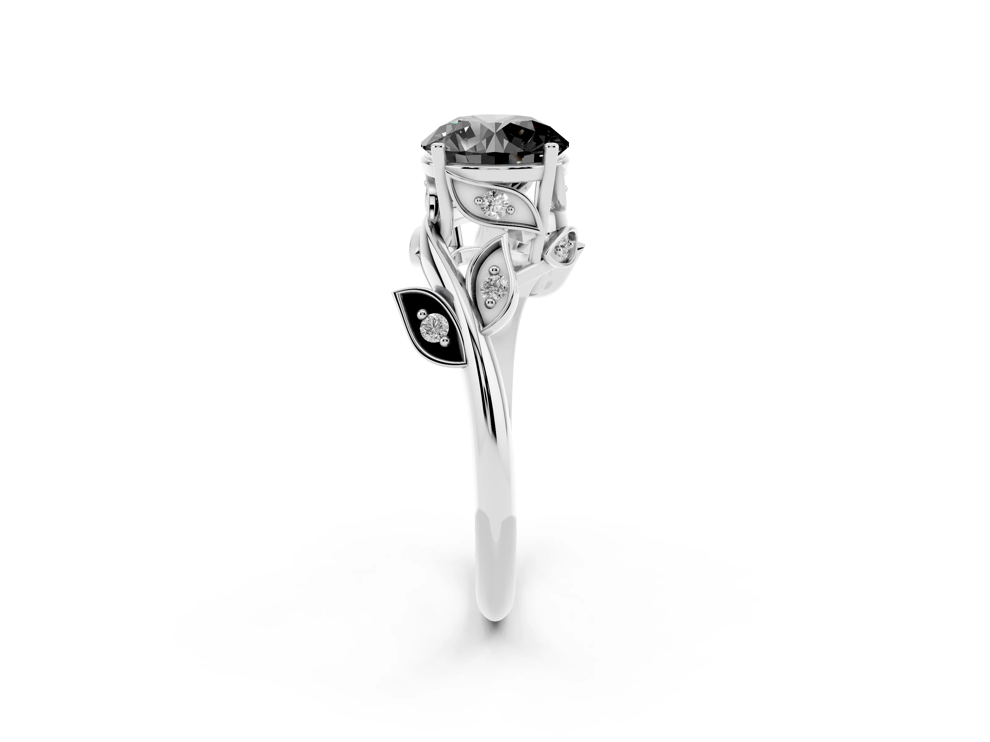 Fancy Black Round Cut Diamond Solitaire Twist Engagement Ring Set in Silver with Pavé Leaf Accents