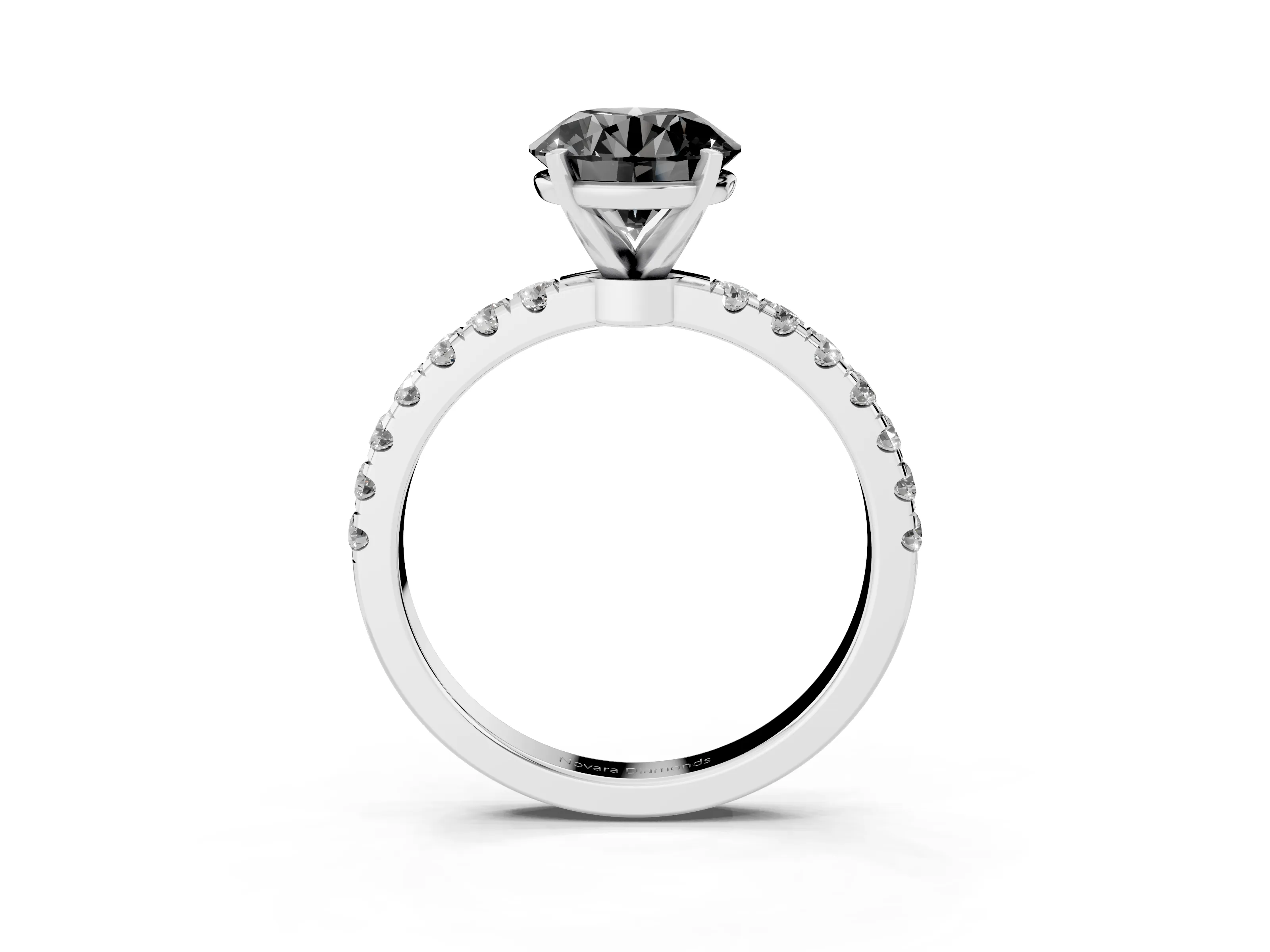 Fancy Black Round Cut Diamond Solitaire Ring Set in Silver with Pavé Accents and Prong Setting