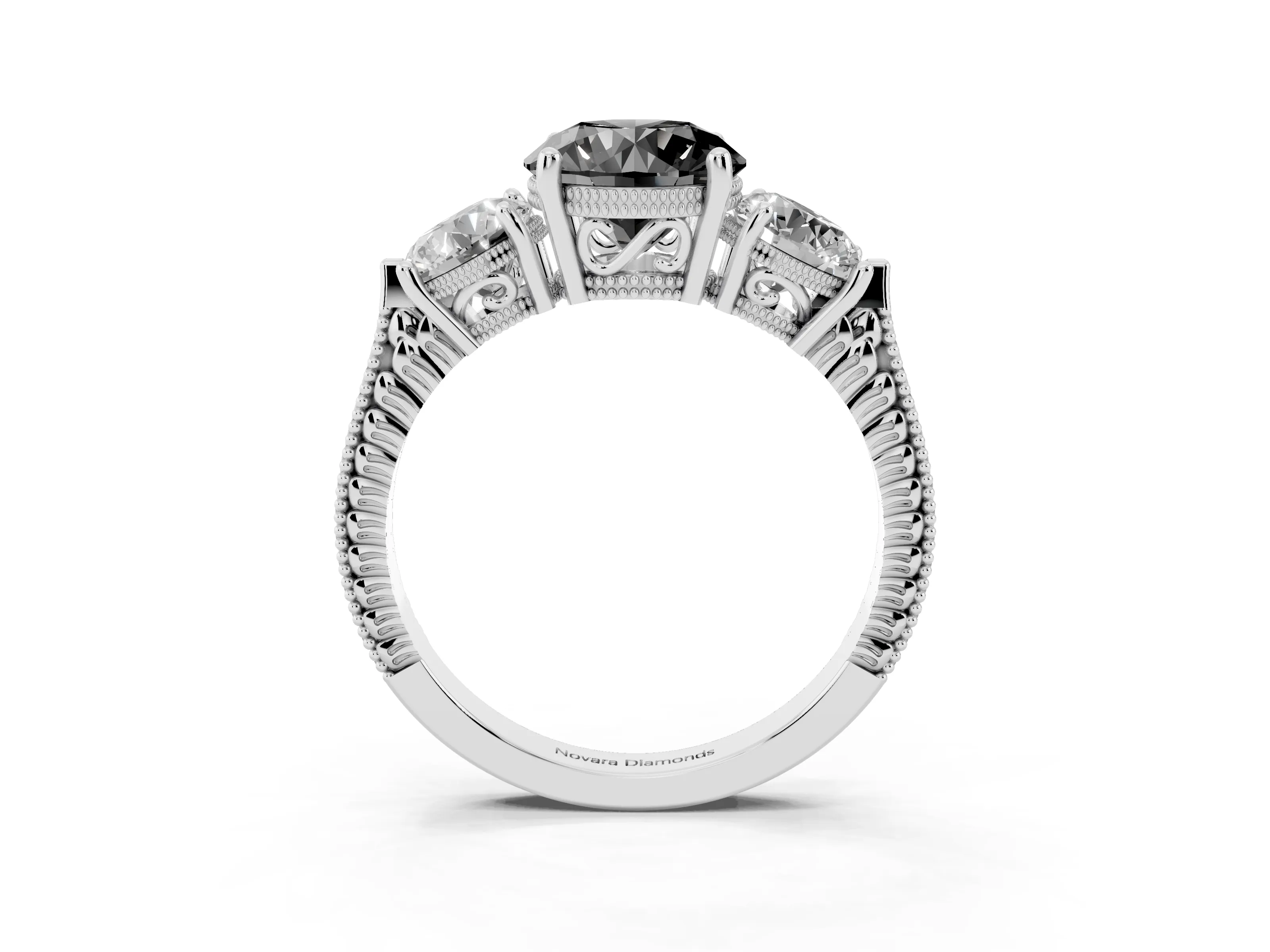 Fancy Black Round Cut Diamond Three-Stone Ring Set in Silver with Milgrain Band