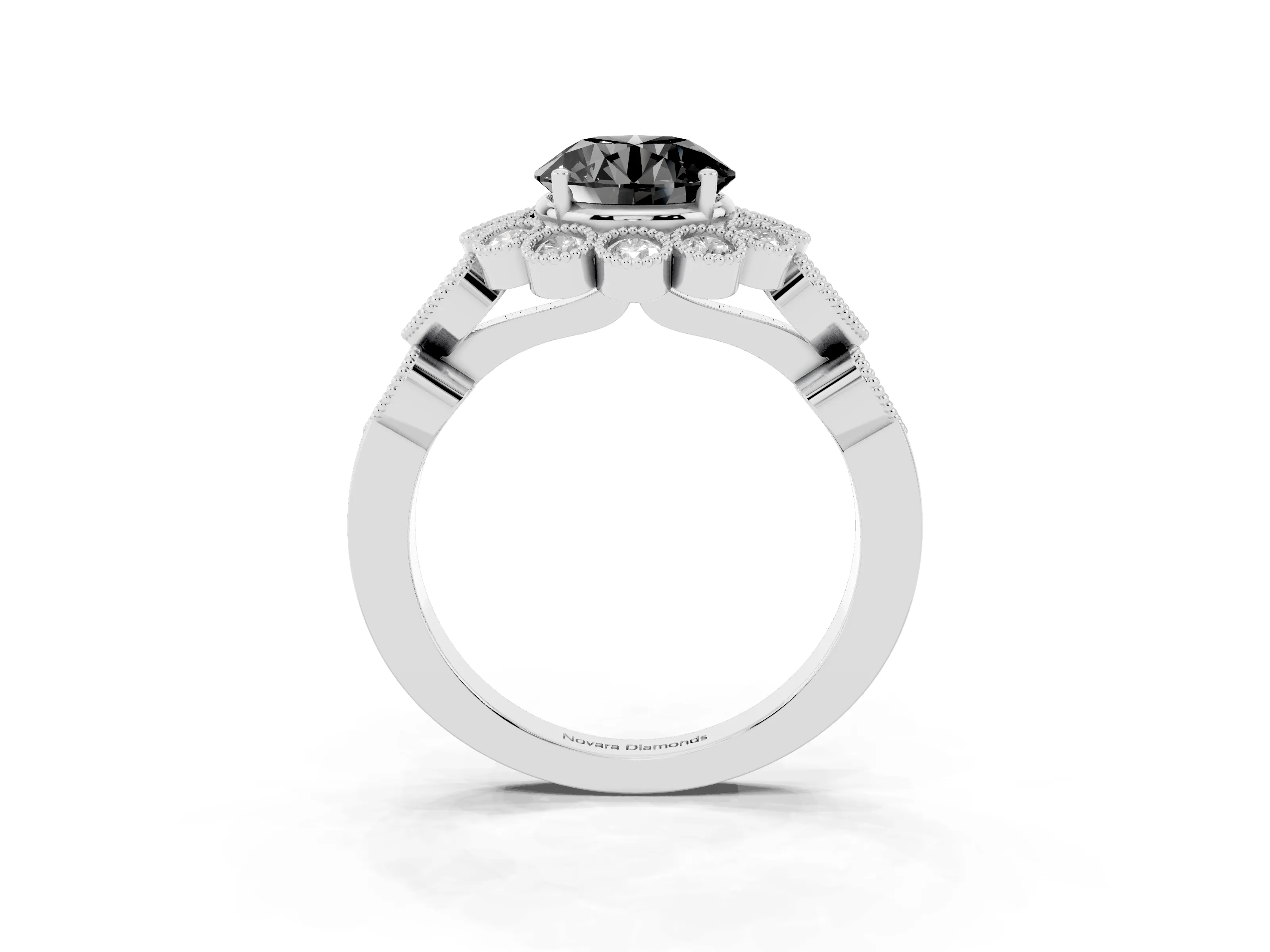 Fancy Black Round Cut Diamond Solitaire Ring Set in White gold with Milgrain Pavé Heart Band